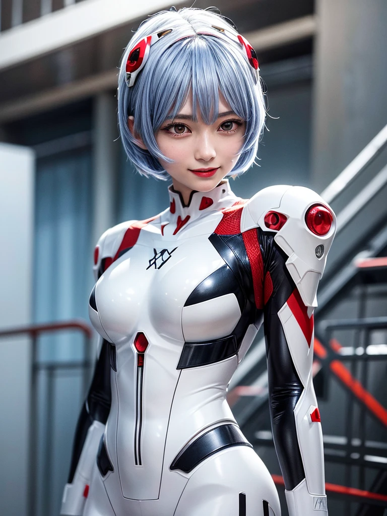 Masterpiece, highest quality, 8K, detailed skin texture, fine cloth texture, beautiful detailed face, intricate details, super detailed, portrait of Rei Ayanami, blue hair, red eyes, looking far away, no background, Evangelion Wearing a plug suit when riding, plug suit, whole body visible, standing, arms crossed, , beautiful, cute, great style, smiling,composition that shows the whole body,