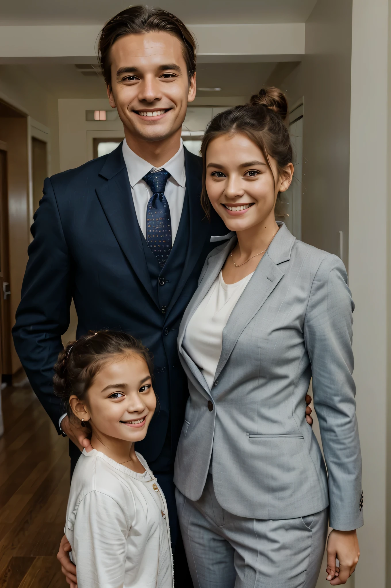 family photo, a father smiling in a suit, mother dressed neatly and hair in a bun, 10 year old daughter dressed neatly and smiling