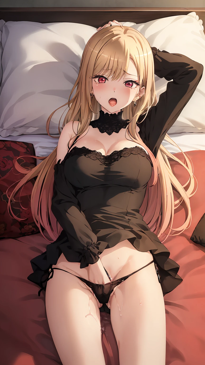 masterpiece, highest quality, High resolution, kitagawa marin sb, From above, 1 girl, blonde, Long Hair, Colorful Hair, Red eyes, jewelry, Earrings, Earrings, good, lace black panties,(Showing panties:1.3), (Spread your legs), Sexy pose,  Seductive pose, (Lying in bed:1.5),  (Put your hands in your panties:1.3),  Sweat, blush, Narrow eyes, Open your mouth, (((Excessive pussy juice))), Her Room