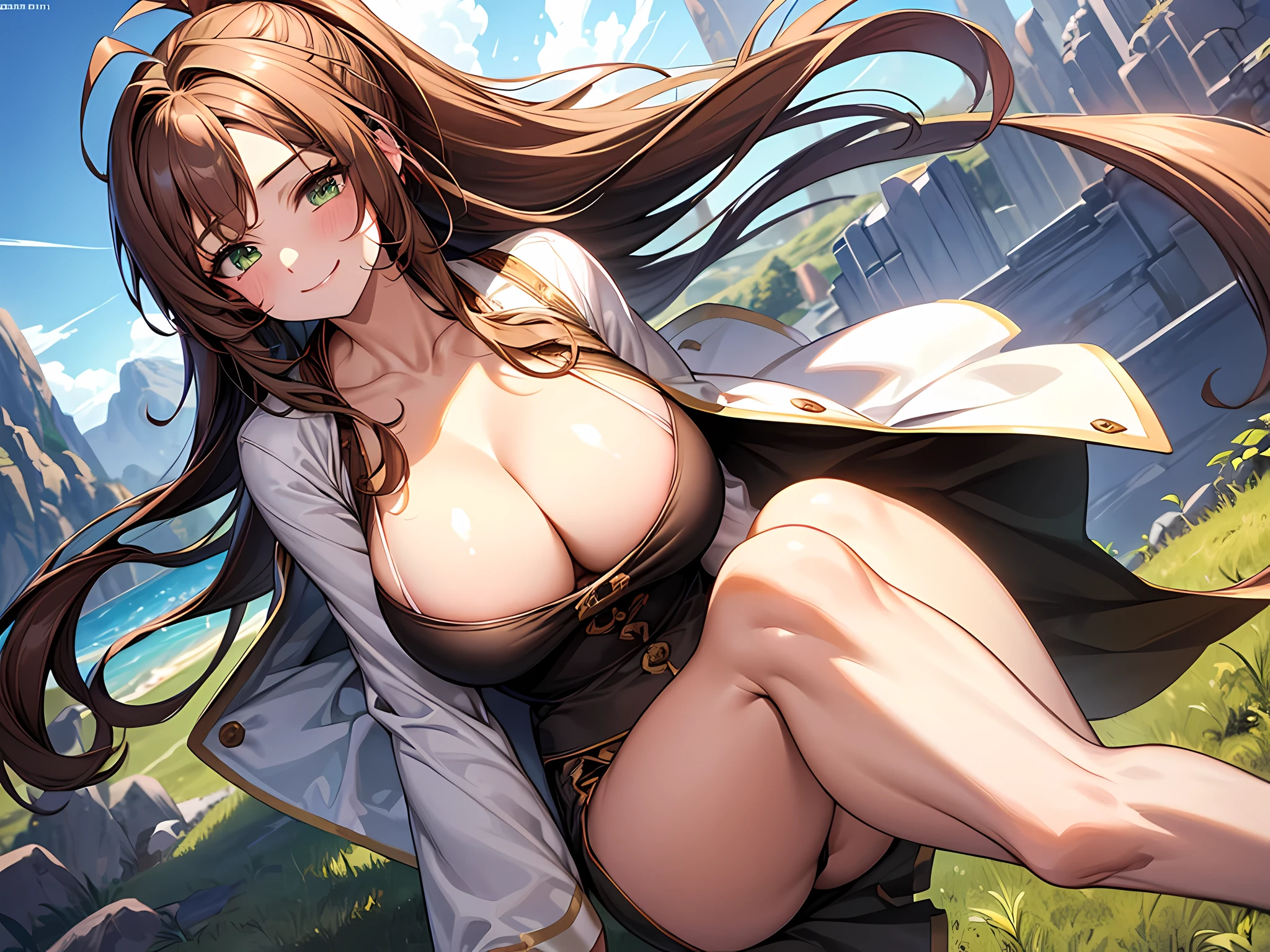 Masterpiece, Best quality, Official Art, (Highly detailed CG Unity 8k wallpaper), Detailed background, (Hand by Guido Daniele: 1.1), Feet outside the frame, First person perspective, 1, Attractive and perfect beautiful woman, , JK, uniform, summer, sunlight, blue sky, wind blowing strongly, optimal ratio of four fingers and one thumb, (curvaceous), ( White thighs: 1.12), (brown long-haired (Ahoge: 1.13), (High Ponytail: 1.12), (Green Eyes: 1.13), Look at the Beholder, Big, (cleavage), Beautiful Face, (Blush: 1.11), (Smile: 1.11)