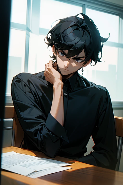office，Enclosed space，1 man，Black Hair，Black shirt，Sitting，Upper Body，Positive face，Serious，At the table，Think and speak