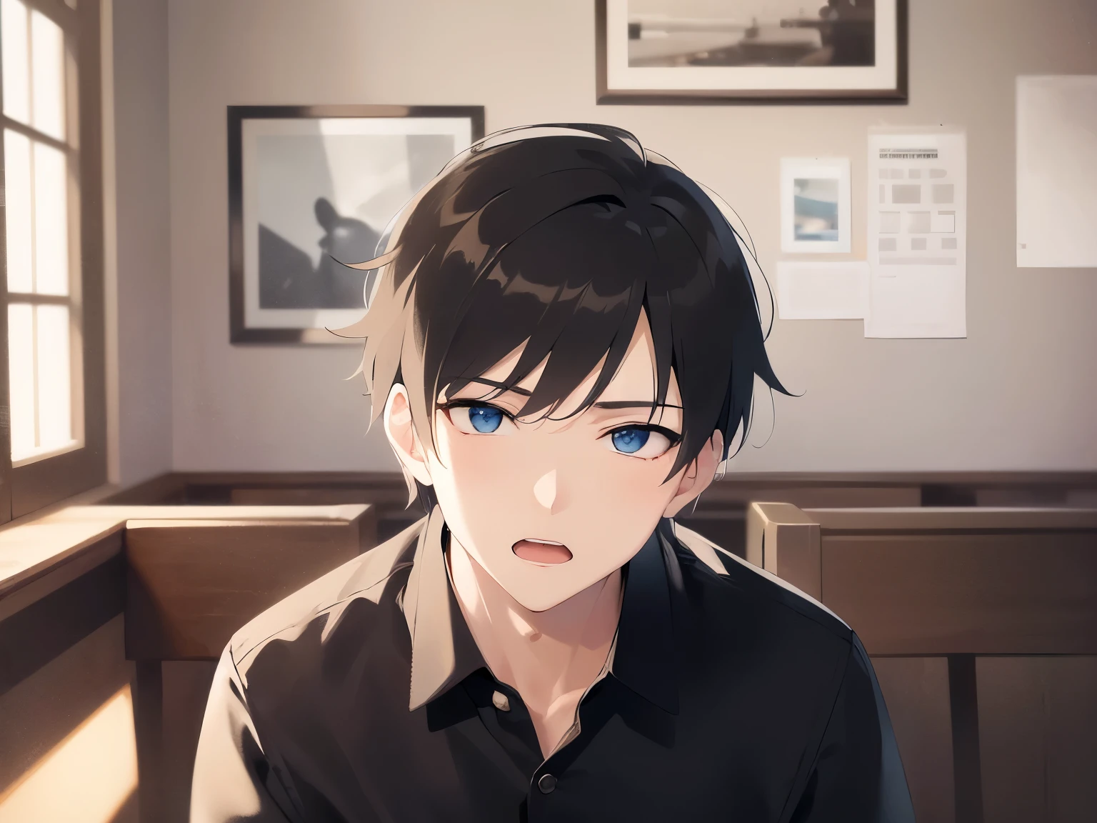 masterpiece、highest quality、(25-year-old male:1.5) and (Black short hair) and (blue eyes), Polo shirt with white collar、Sitting、sad、open mouth, The background is a cafe、(Alone:1.5)、