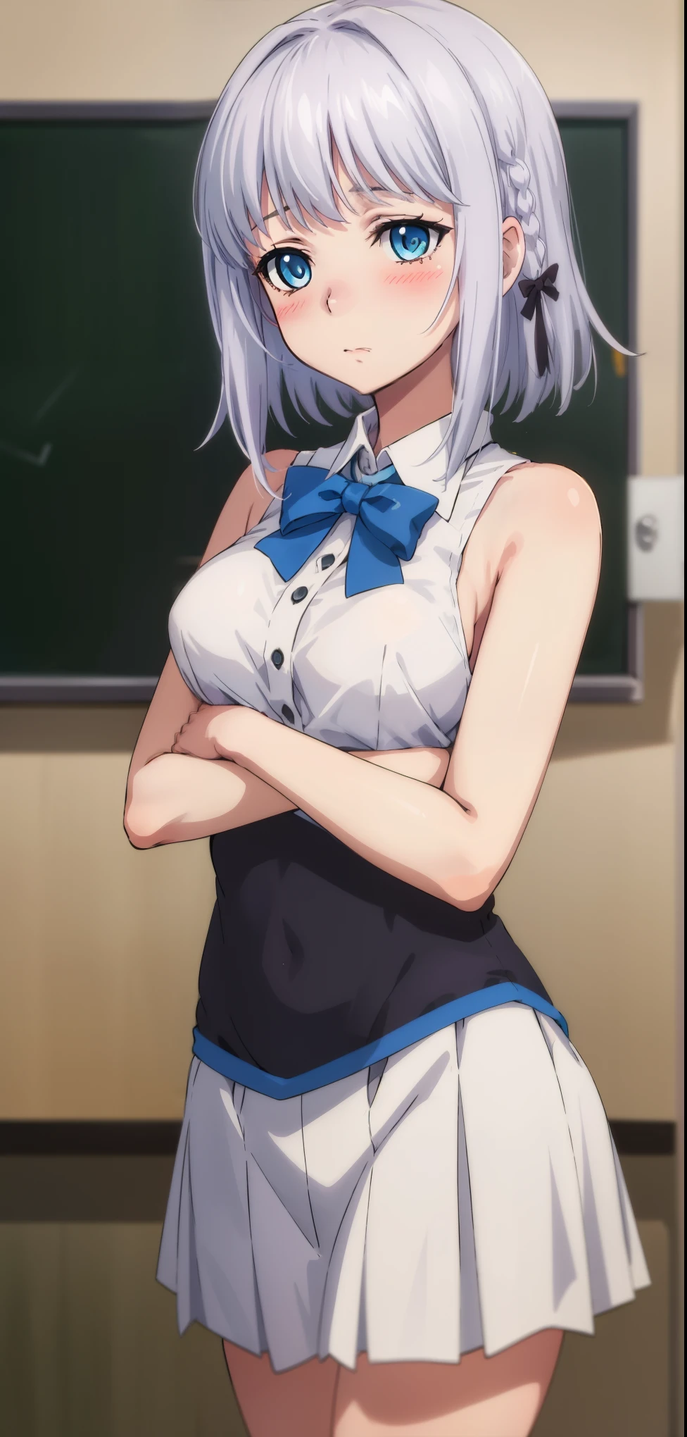 1 girl, kanon kanase,  , blush, medium breasts, sleeveless, classroom, cowboy shot, 