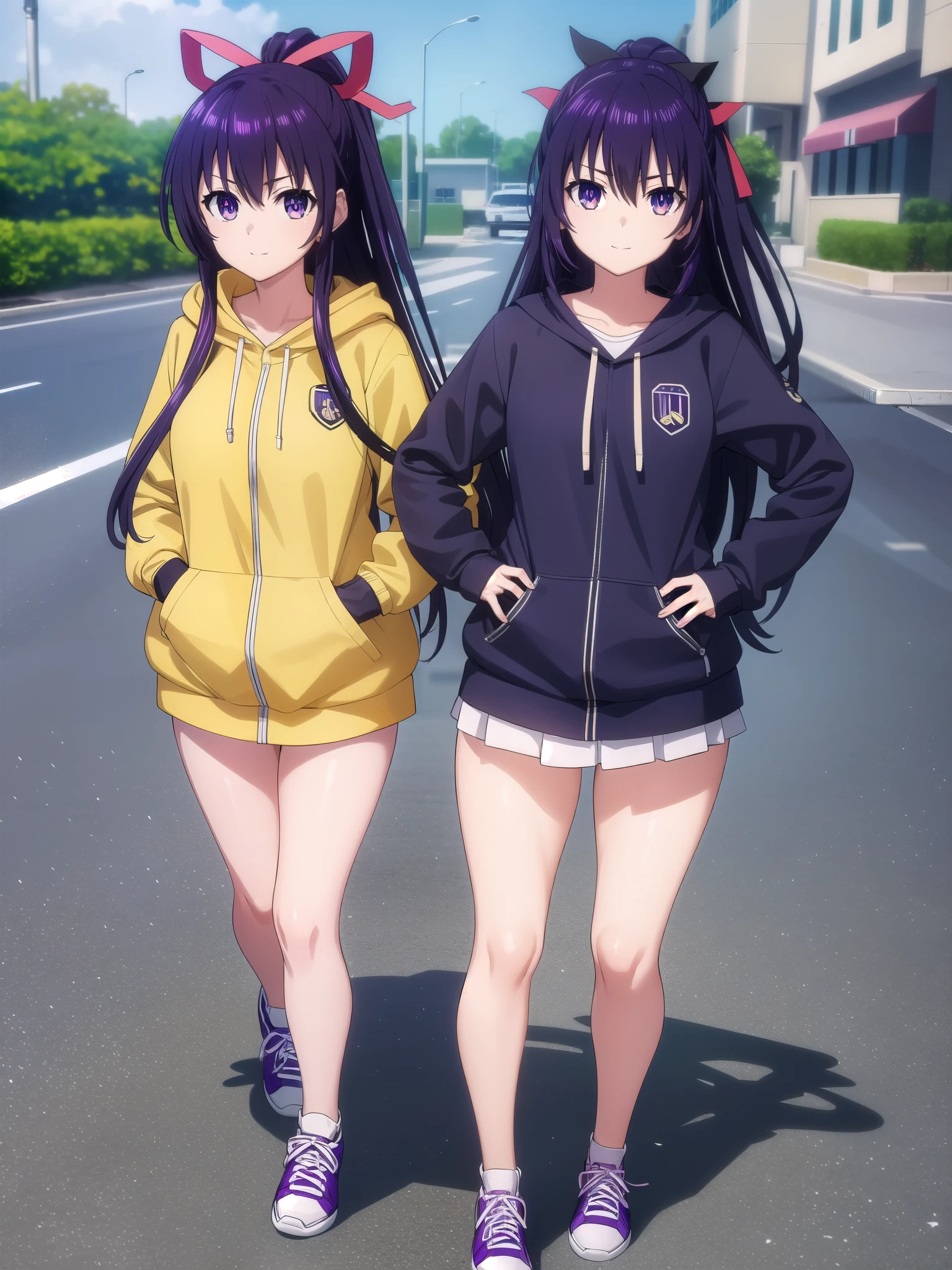 tohkayatogami, tohka yatogami casual, long hair, purple hair, alluringly smile , yellow jacket, large jacket, denim, hoodies (purple eyes:1.1), hair ribbon, ponytail, purple hair, white ribbon, g cup breasts, bewitched thighs, slender waist, plump butt , sneakers
BREAK ,
BREAK outdoor, front family mart shore, alone,
BREAK looking at viewer, standing, tilt head, hand on hair, full body view, head to toe view
BREAK (masterpiece:1.2), best quality, high resolution, unity 8k wallpaper, (illustration:0.8), (beautiful detailed eyes:1.6), extremely detailed face, perfect lighting, extremely detailed CG, (perfect hands, perfect anatomy),