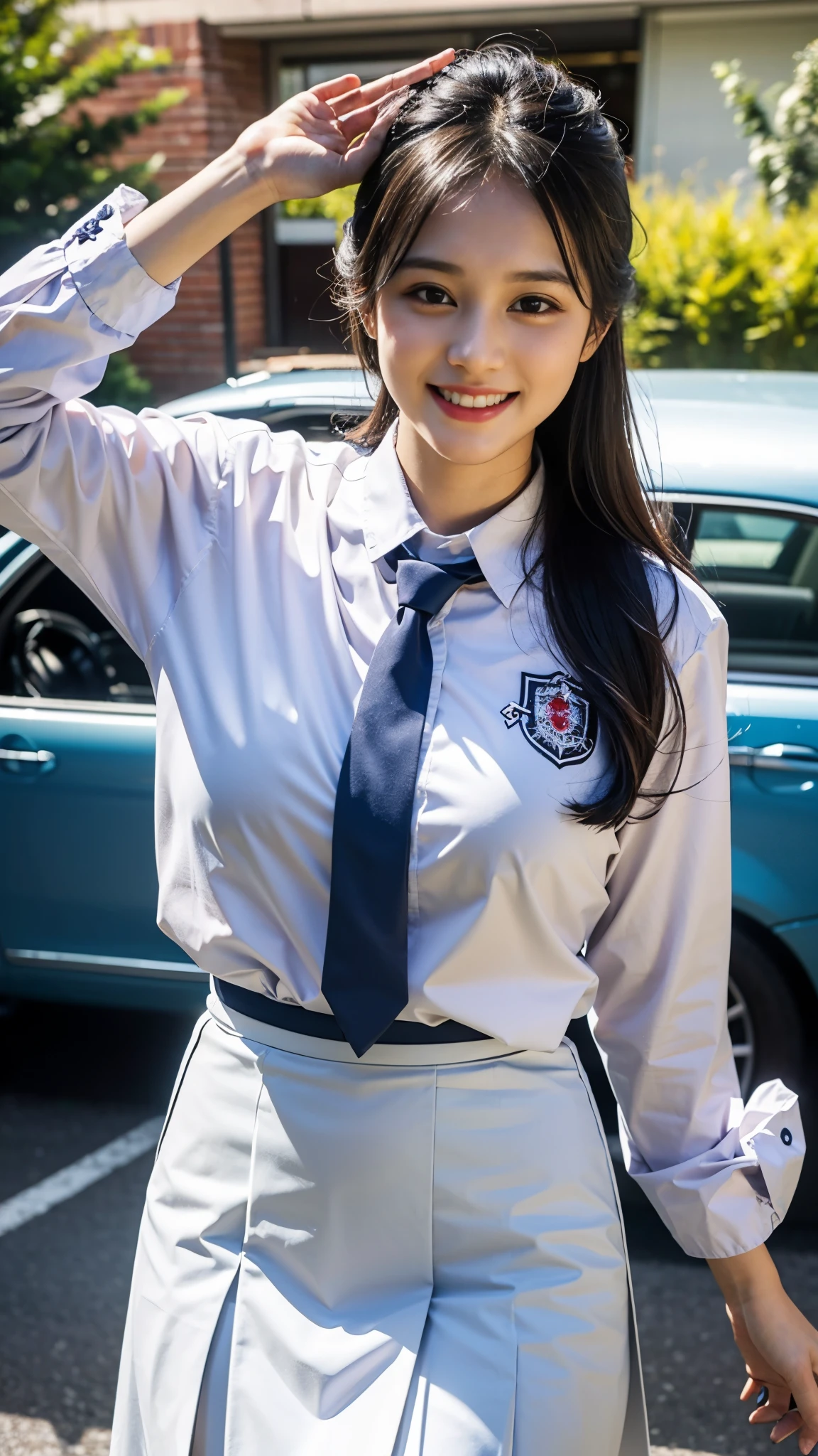 1girl, (indonesian highschool uniform), outdoors, detailed face, detailed eyes, large breasts, shiny skin, looking at the audience, (laughing cute: 1.2), (happy), (8k, RAW photo, best quality, masterpiece: 1.2), (realistic, realistic: 1.37), ultra-high resolution,long sleeve