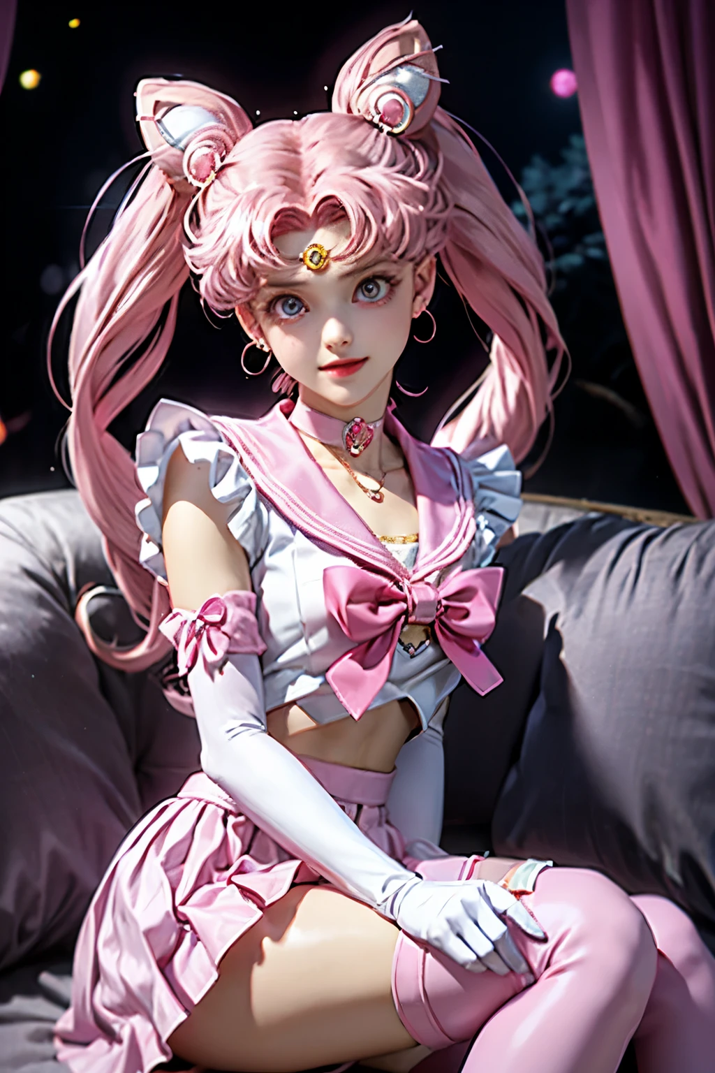 masterpiece, highest quality, Absurd, Perfect Anatomy, , One girl, alone, Moon, 1990s \(style\), sailor chibi moon Pink Hair, pink pupil, Sailor Warrior Uniforms, Magical girl, Pink Eyes, Pink Skirt, Elbow-length gloves, tiara, Pleated skirt, Hair ribbons, Pink Hair, Twin tails, pink sailor necklace, mini skirt, choker, Red Bow, Pink choker, White gloves, jewelry, Micro Thong Earrings Butt, (1990s \(style\):0.9), Detailed aspect, Sitting, Crossing your legs , Show off your loot, (No laces) Big Ass, smile.