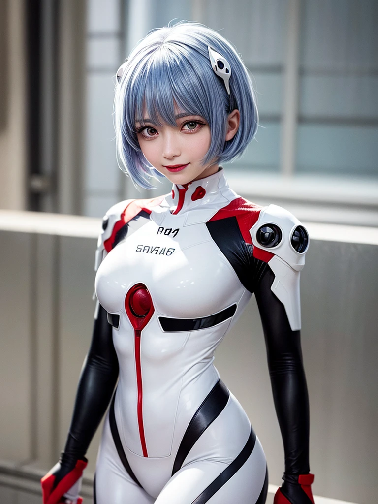 Masterpiece, highest quality, 8K, detailed skin texture, fine cloth texture, beautiful detailed face, intricate details, super detailed, portrait of Rei Ayanami, blue hair, red eyes, looking far away, no background, Evangelion Wearing a plug suit when riding, plug suit, whole body visible, standing, arms crossed, , beautiful, cute, great style, smiling,composition that shows the whole body,