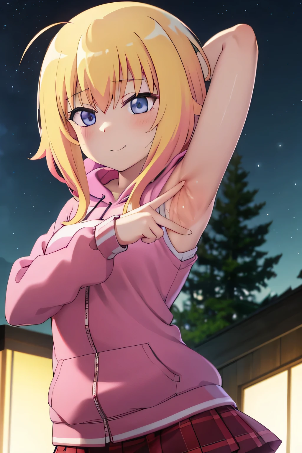 (extremely detailed CG unity 8k wallpaper), (masterpiece), (best quality), (ultra-detailed), (best illustration), (best shadow), (absurdres), 1girl, solo, gabriel white tenma, messy hair, ahoge,red bow, plaid skirt, pink hoodie, arms behind head, closed mouth, night sky, forest, spread armpits, contrapposto, upper body, blush, expressionless, smile,