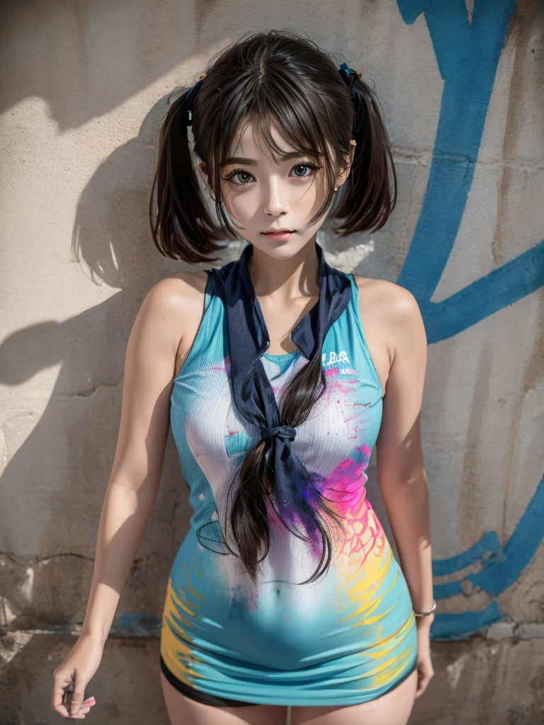 (best quality), masterpiece, 极其细致的 CG 8K 插painting, high color, extremely high color saturation, All colors are deepened, painting, Graffiti Art, central composition, Extremely detailed light and shadow, graffiti wall, wall paintinged bright, 1 girl graffiti 1 girl looking at the wall, Extremely detailed face and eyes, Medium Length Hair, Sportswear, Colored clouds