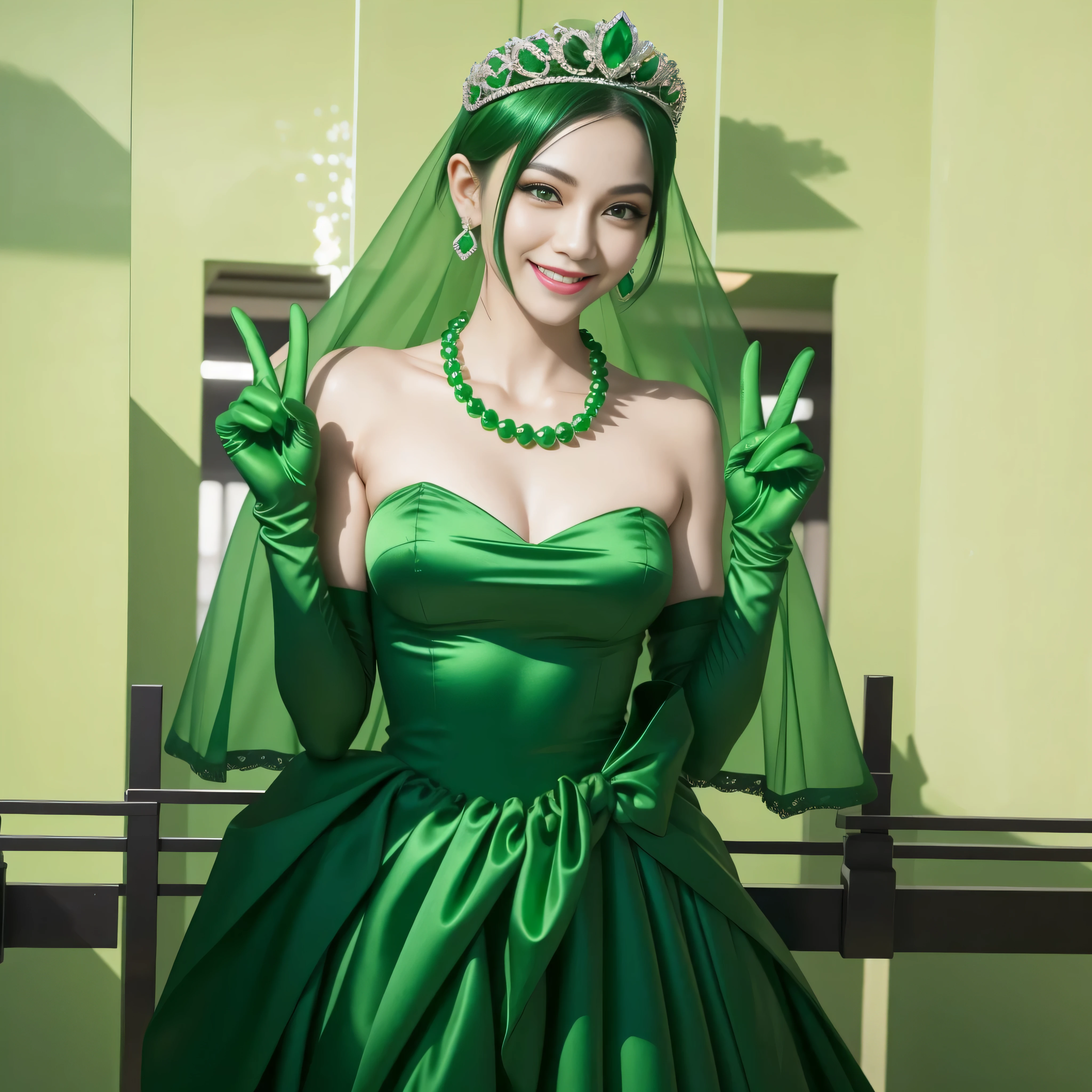 Emerald tiara, Green Pearl Necklace, Boyish very short green hair, lipstick, Smiling Japanese woman, Very short hair, Big tits beautiful, Green Eyes, Long green satin gloves, Green Eyes, v sign, emerald earrings, Green Veil