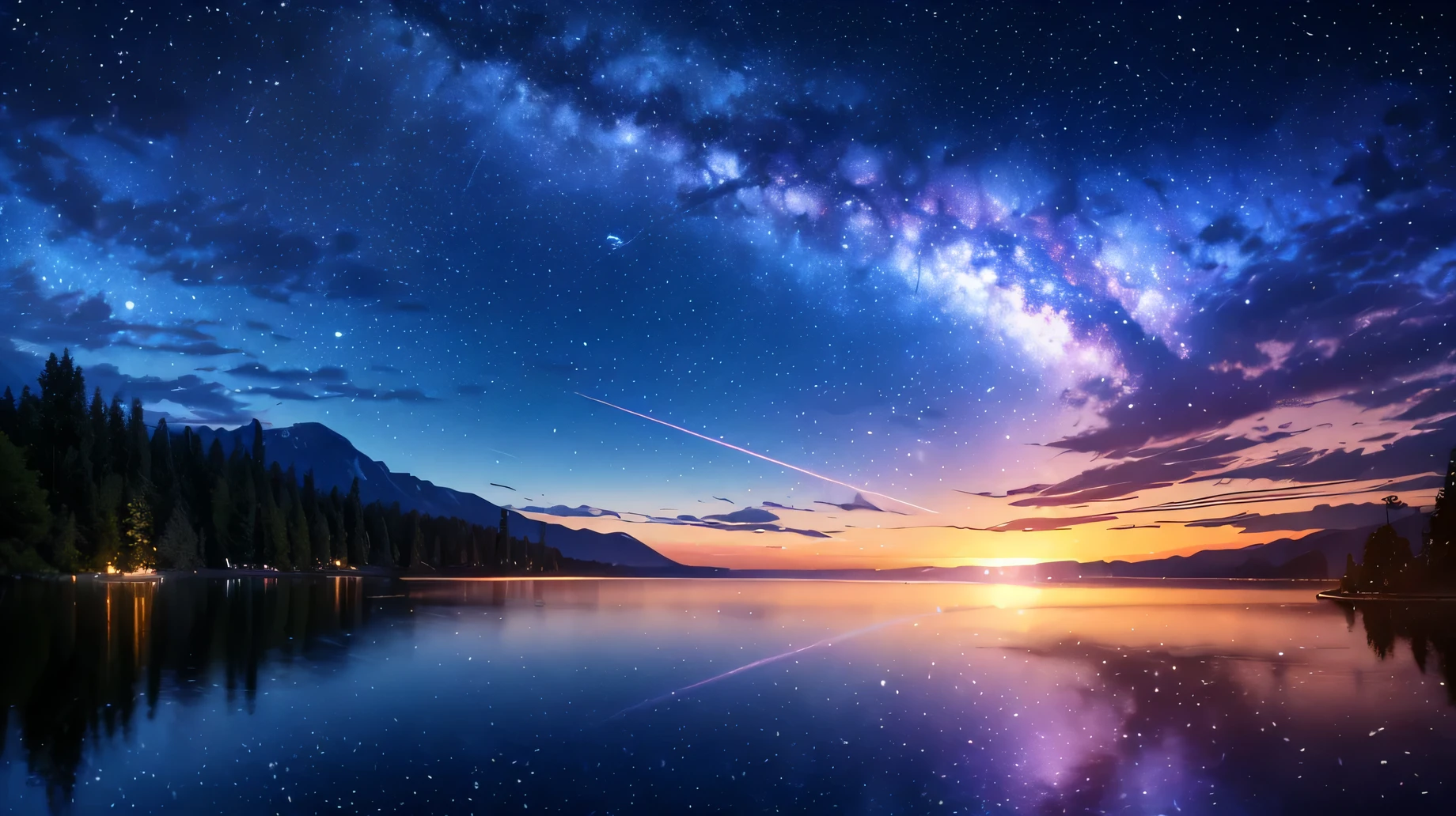night, moon, Starry Sky, Quiet night wind scenery, ((logo, wonderful, 8k, Tabletop, RAW Photos, wonderful, 最high quality, Photorealistic and Very detailed CG Integrated 8k Wallpaper, high quality, Very detailed, story poem, Particle Effects, Dynamic Effects, Text border depth, Cinematic Light, Lens flare, Ray Tracing, Tabletop, Genuine: 1.4, Ultra HD: 1.2, Genuine, Genuine)), Fantasy, Anatomically correct, night, Wind, camp, firewood, The beauty and brilliance of mountains and forests, The silence of the world and the beauty of grasslands, Vast land, Lakeside, wonderful scenery, Beautiful natural wind scenery, Wind, cherry blossoms, cherry blossomsの花びらが舞っている, cherry blossoms blizzard, Falling petals.