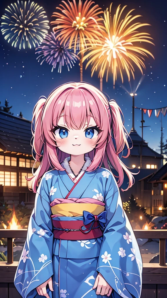 furry,Yukata,Are standing、smile、Watching the audience、night、firework