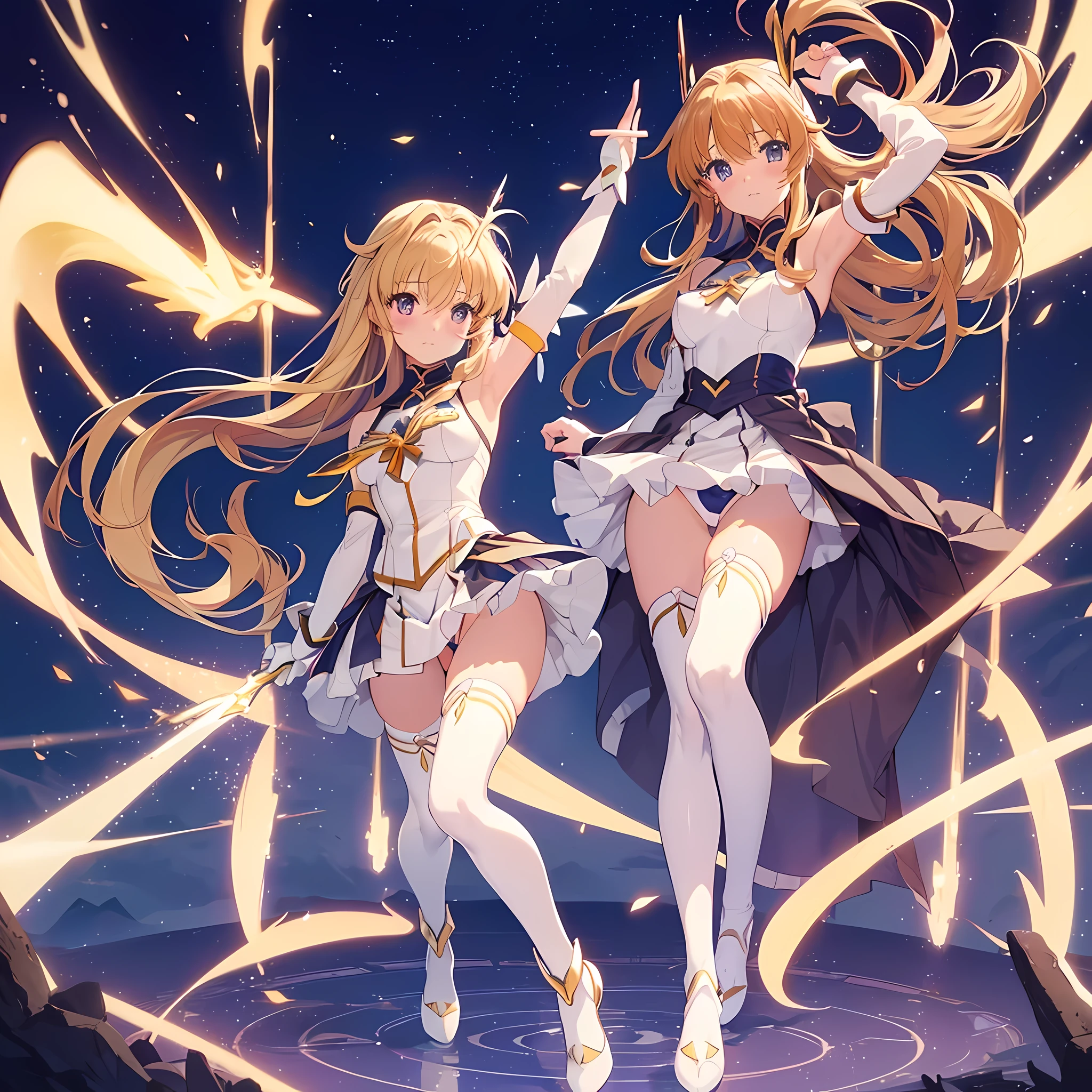 (Pov, cinematic lighting, hetero, cameltoe, in nanoha style:1.4, girl, spreading legs:1.4, dynamicpose, detailed skin, ), ((Takamachi nanoha, white magical girl costume, cameltoe, skirt lift, )),