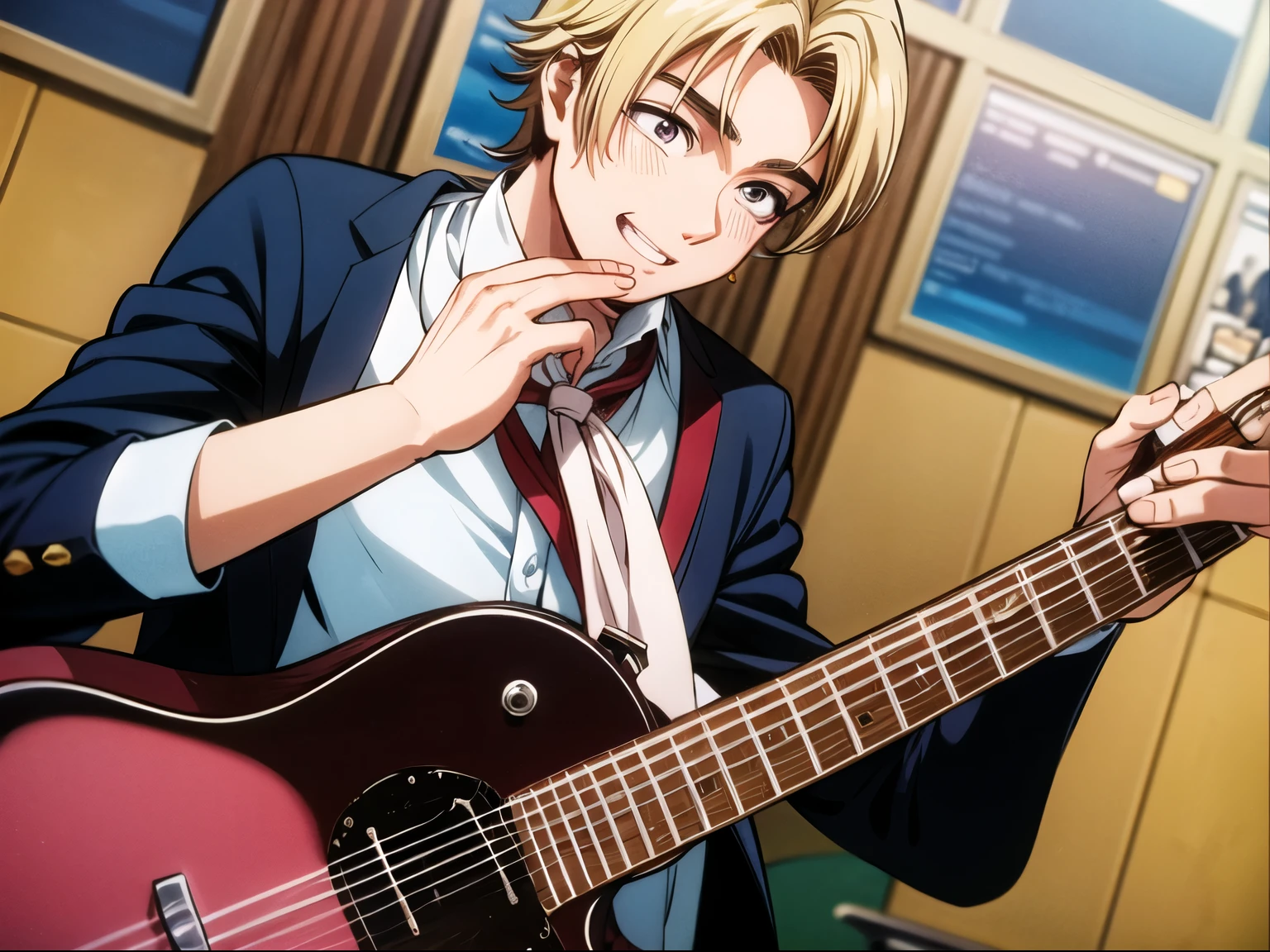 ((melhor qualidade)), ((obra de arte)), (detalhado), rosto perfeito, anime, homem com um sorriso contagiante, extremamente feliz por ter ganho uma guitarra de presente em uma escola de musica. He is admiring it in his hands.  