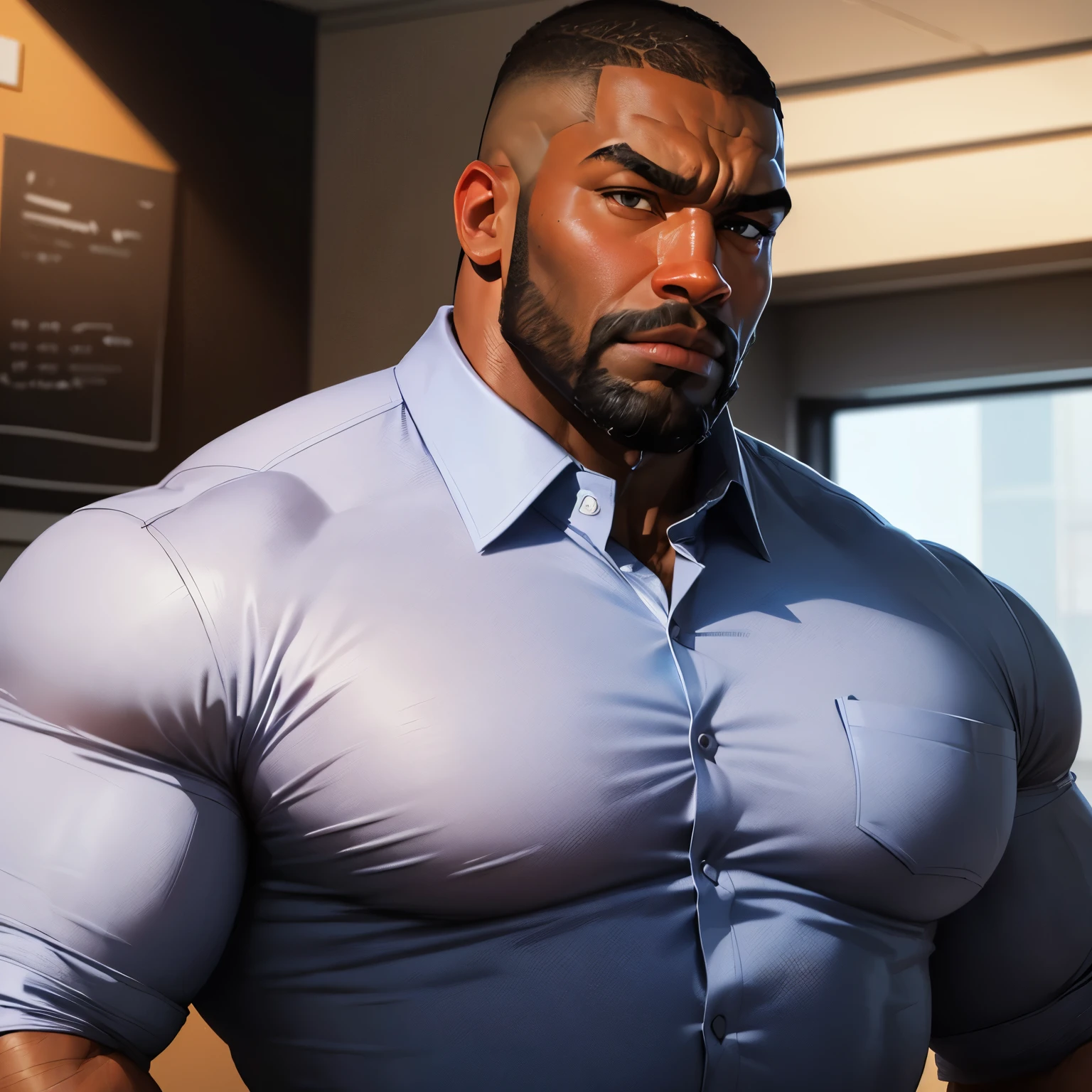 an exaggeratedly muscular and large bodyguard, beefy build, beard, dark-skinned african american male, buzzcut hair with square line, (surprised expression: 1.2), (wearing collared business shirt: 1.2), small name tag on shirt, (bara pecs: 1.3), (arm and chest hair: 1.1), close-up portrait HD, (fancy office interior with large windows)
