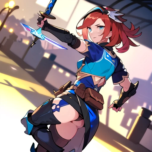 (((8k,Best Quality)), Masterpiece, outdoor, girl, holding sword, dynamic pose, feet out of frame,  female, variety of hair styles, variety of hair colors,  solo, ((gauntlets)), ((greaves)), belt pouch, thong, blurry background,
dutch angle, facing away,
