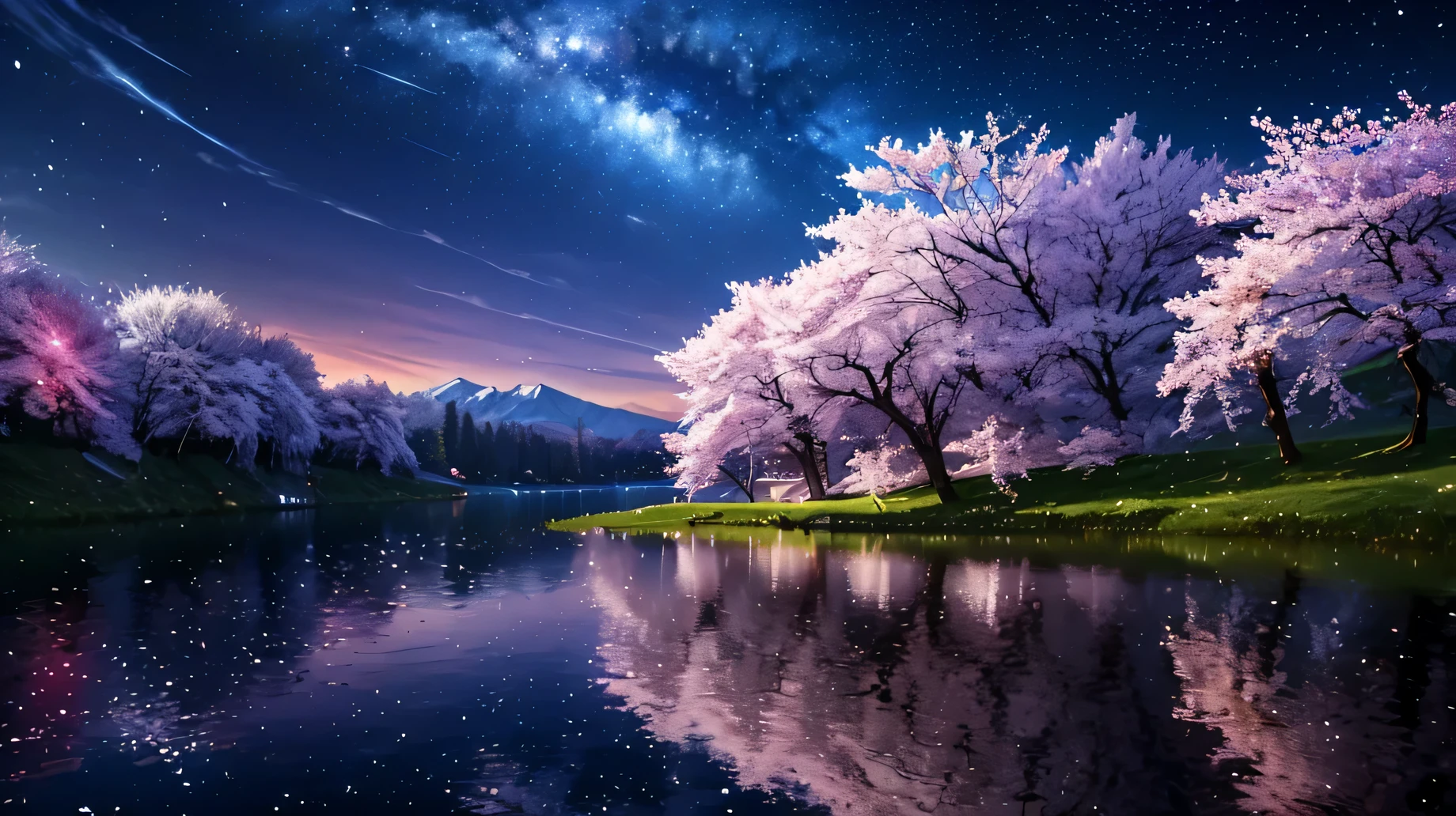 night, moon, Starry Sky, Quiet night wind scenery, ((logo, wonderful, 8k, Tabletop, RAW Photos, wonderful, 最high quality, Photorealistic and Very detailed CG Integrated 8k Wallpaper, high quality, Very detailed, story poem, Particle Effects, Dynamic Effects, Text border depth, Cinematic Light, Lens flare, Ray Tracing, Tabletop, Genuine: 1.4, Ultra HD: 1.2, Genuine, Genuine)), Fantasy, Anatomically correct, night, Wind, camp, firewood, The beauty and brilliance of mountains and forests, The silence of the world and the beauty of grasslands, Vast land, Lakeside, wonderful scenery, Beautiful natural wind scenery, Wind, cherry blossoms, cherry blossomsの花びらが舞っている, cherry blossoms blizzard, Falling petals.
