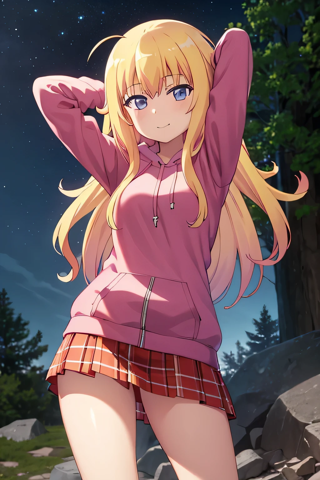 (extremely detailed CG unity 8k wallpaper), (masterpiece), (best quality), (ultra-detailed), (best illustration), (best shadow), (absurdres), 1girl, solo, gabriel white tenma, messy hair, ahoge,red bow, plaid skirt, pink hoodie, arms behind head, closed mouth, night sky, forest, spread armpits, contrapposto, (cowboy shot:1.5), blush, expressionless, smile,