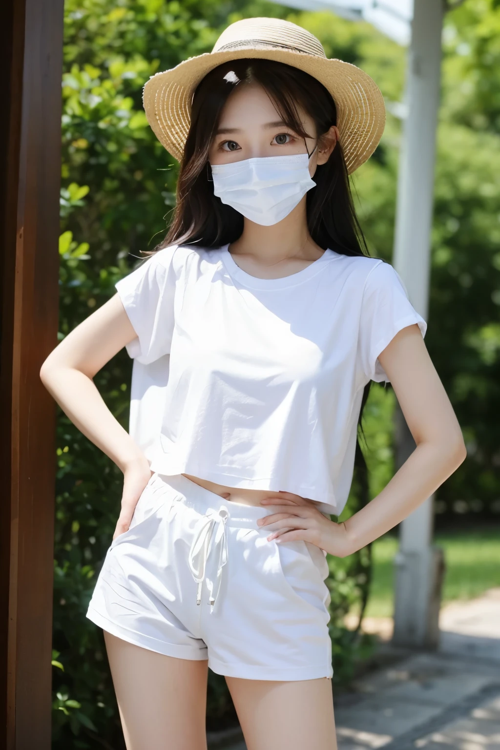summer、white mask、woman、Shot from the knee up、It's hot、hot、T-Shirts、Upright、Are standing、Hands on hips