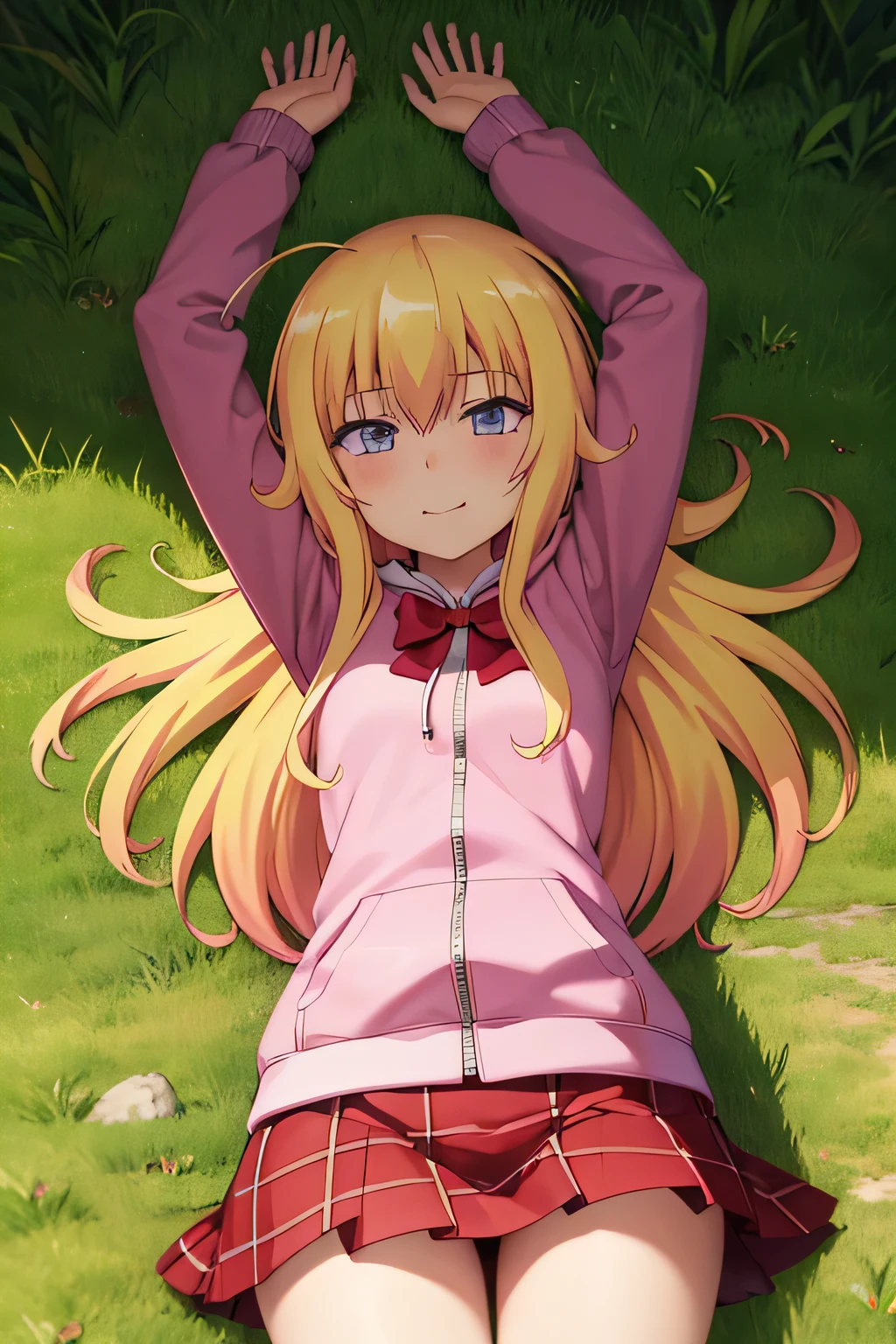 (extremely detailed CG unity 8k wallpaper), (masterpiece), (best quality), (ultra-detailed), (best illustration), (best shadow), (absurdres), 1girl, solo, gabriel white tenma, messy hair, ahoge, , red bow, plaid skirt, pink hoodie, closed mouth, spread arms, arms up, on back, on grass, looking at viewer, solo, center, smile, blushing, expressionless,  (cowboy shot:1.5)