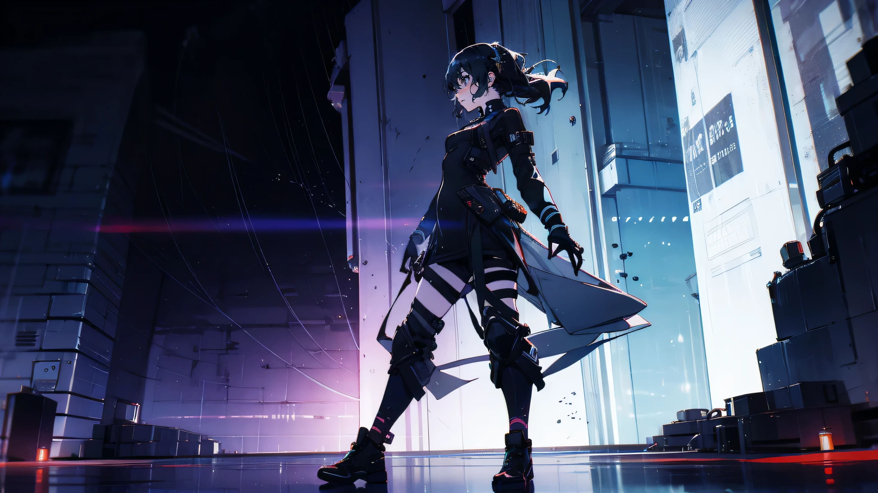 ((Woman:1)), wearing urban techwear, (UTRA-DETAILED-FACE-EYES:1),(CINEMATIC:1),(HIGH-RES:1.2),(AMAZING-ART:1),((ultra-wide-view:1)) in a liminal cyberpunk buildings on the side, night time,((fullbody:1)),((small breast:1))