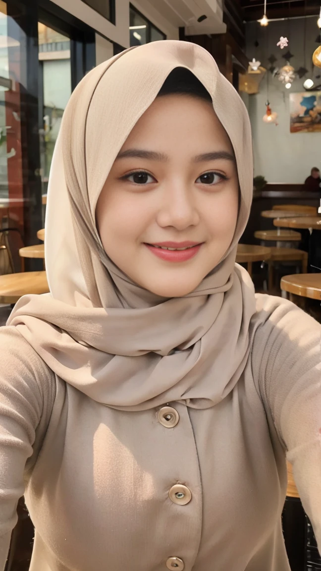 Selfie taken, See full body, luxury details, 8k, natural, realistic, amazing shots, ULTRA HD,
1 girl, 18 years old, smooth white face, white skin, smailing,  neat white teeth, big breasts, wearing a long white hijab covering the body, with decorations on the hijab, Muslim clothes for worship, beautiful face, beautiful black face, cute, curly eyelashes, beautiful eyes , sweet smile, sitting on the bed, Indonesian Muslim, realistic, atmosphere in the out door, in the cafe,