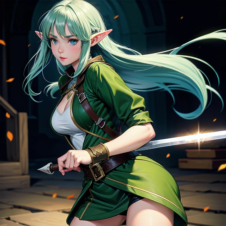 ((artwork, best quality)), ultra detailed, mature elf girl, female elf, wearing archer tunic, wielding a thin bladed sword, inside a dark dungeon