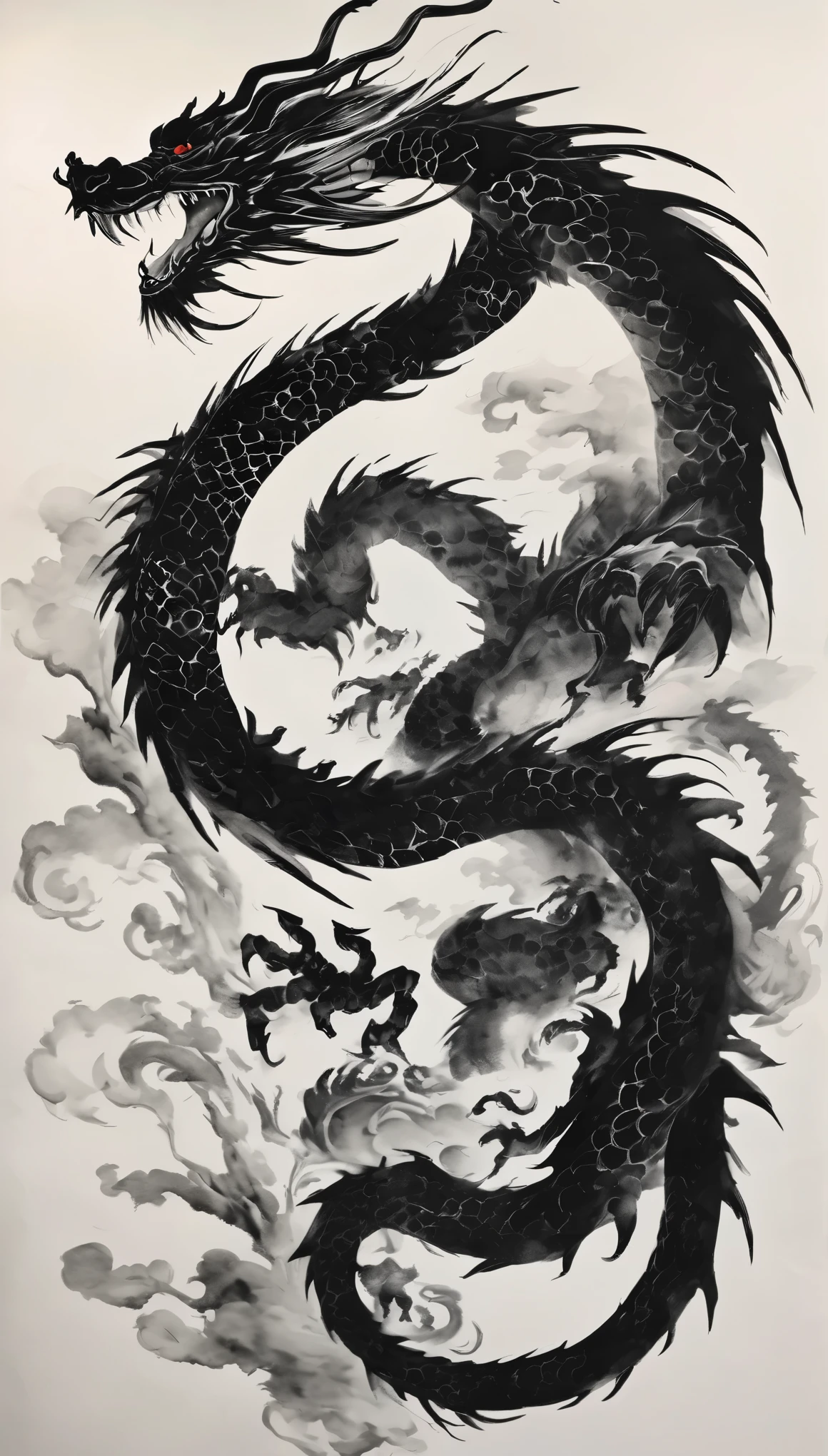 Ink painting of a dragon、Black and White Dragon、Black and white ink painting、Dragon ink painting、Divine Dragon ink painting、No people are depicted、A sumi-e painting of Shenron alone、
