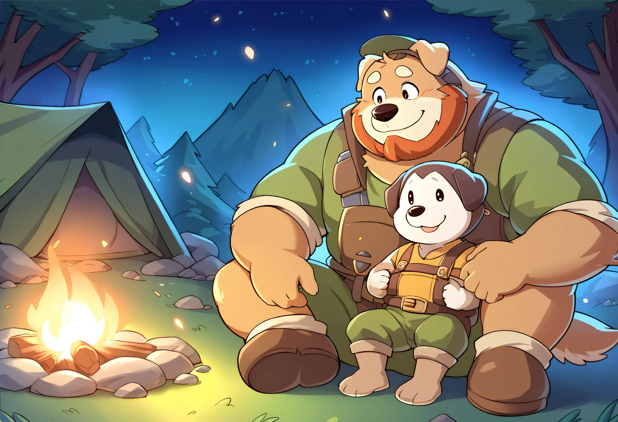 anthro, kemono, male, duo, ((round face, very plump face, thick beard)), ((endomorph body type, old-aged)), ((adventure costume:1.5)), ((domestic dog, dog) fluffy fur, fluffy), (at magical forest), (campfire with his grandson), (tent near them), (dynamic pose), (particle lighting:0.4), (high quality, highres, masterpiece), (dynamic lighting, vivid color), (happy, lift-eyebrow), memorable wholesome scene, close up, cartoon, sitting on the ground, chilling with his grandson, (campfire on the center)