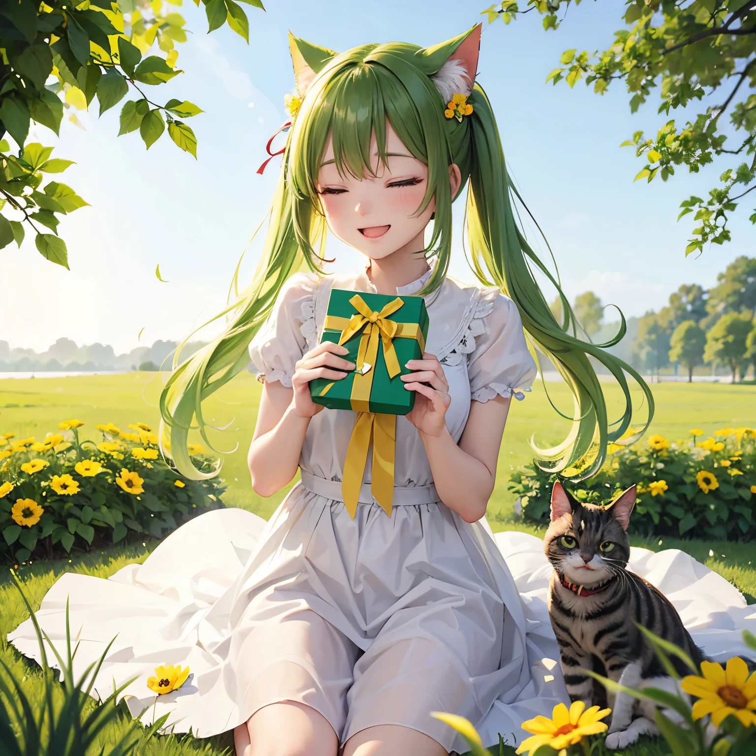 A cat wearing a bright yellow-green ribbon、Hair light yellow green、yellow-green eyes、white clothes、Closed eyes that laughed、Appearance of being happy and cheerful、smile、Have a gift、grass、garden