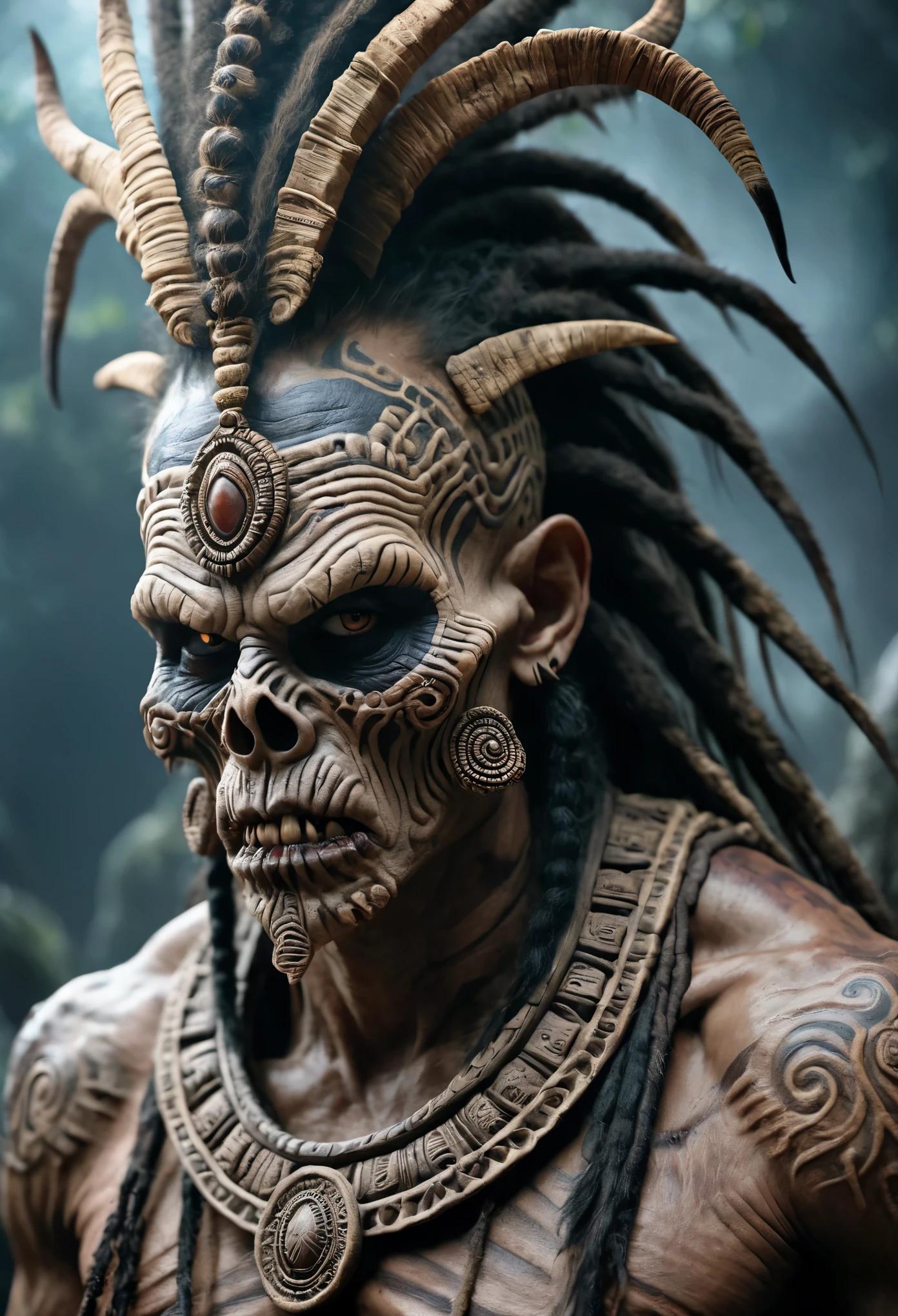 aztec demon shaman zombie in the style of apocalypto, (Artstation:1.1), (intricate:1.1), (great eye detail:0.7), solo, male, looking at viewer, photorealistic, 8k, unreal engine, inspired by HR Giger, half body portrait, highly detailed,