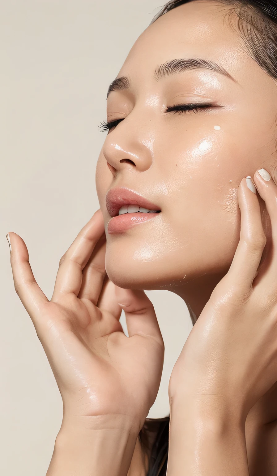 There was a woman with her eyes closed，Put your hands on your face, shiny Smooth skin, Skin is hydrated, Diffuses natural skin radiance, Smooth skin, Smooth and radiant skin, Smooth and textured skin, Glowing and soft skin, Oily skin, Glowing skin, with Glowing skin, transparent、Energetic、Radiant Skin, Oily skin, A woman with porcelain skin, Radiant skin face, wet Glowing skin