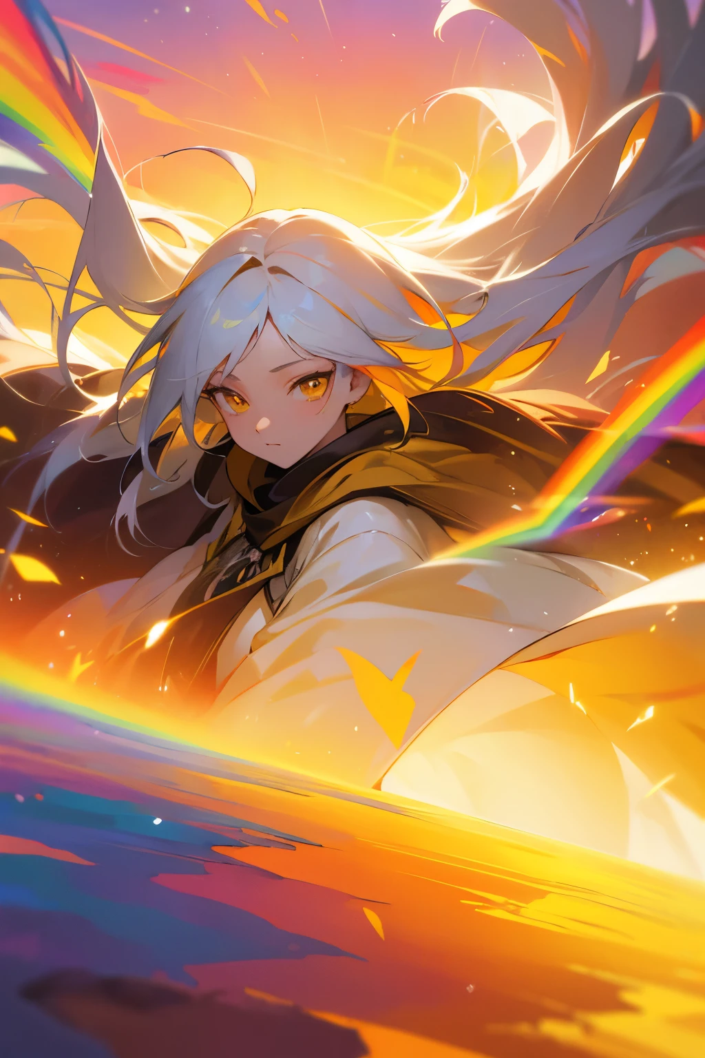 high resolution, Masterpiece, female, long hair, white hair, yellow eyes, rainbow dress, sunset, sky, floating, wind, ray trancing, close up, vibrant color, colorful paintes