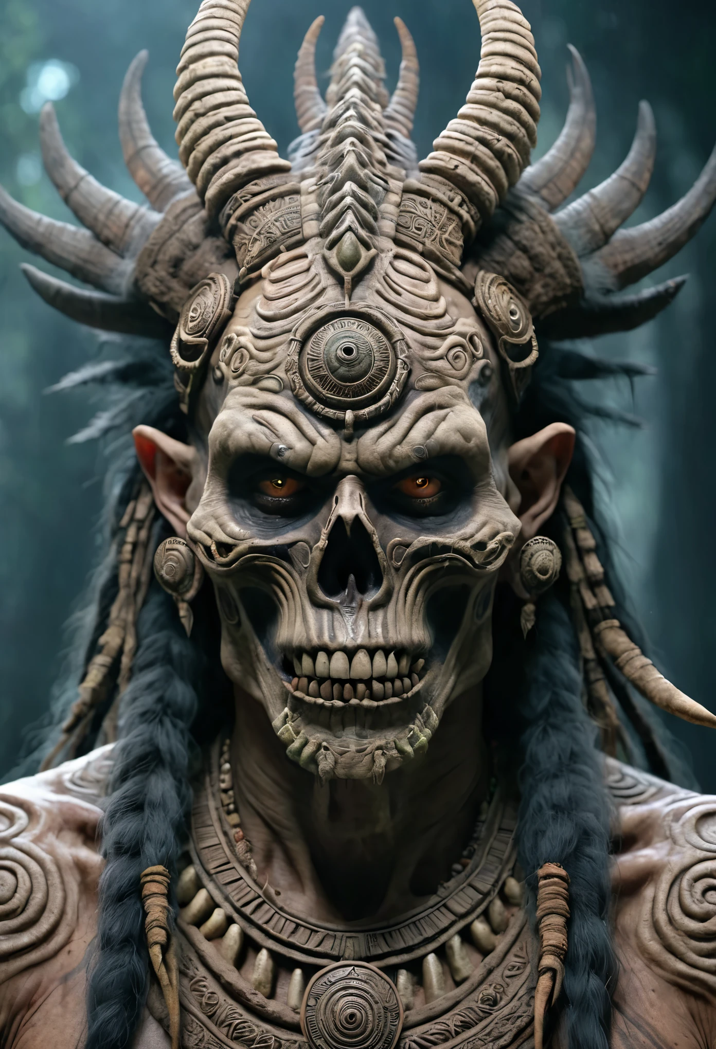 aztec demon shaman zombie in the style of apocalypto, (Artstation:1.1), (intricate:1.1), (great eye detail:0.7), solo, male, looking at viewer, photorealistic, 8k, unreal engine, inspired by HR Giger, half body portrait, highly detailed,