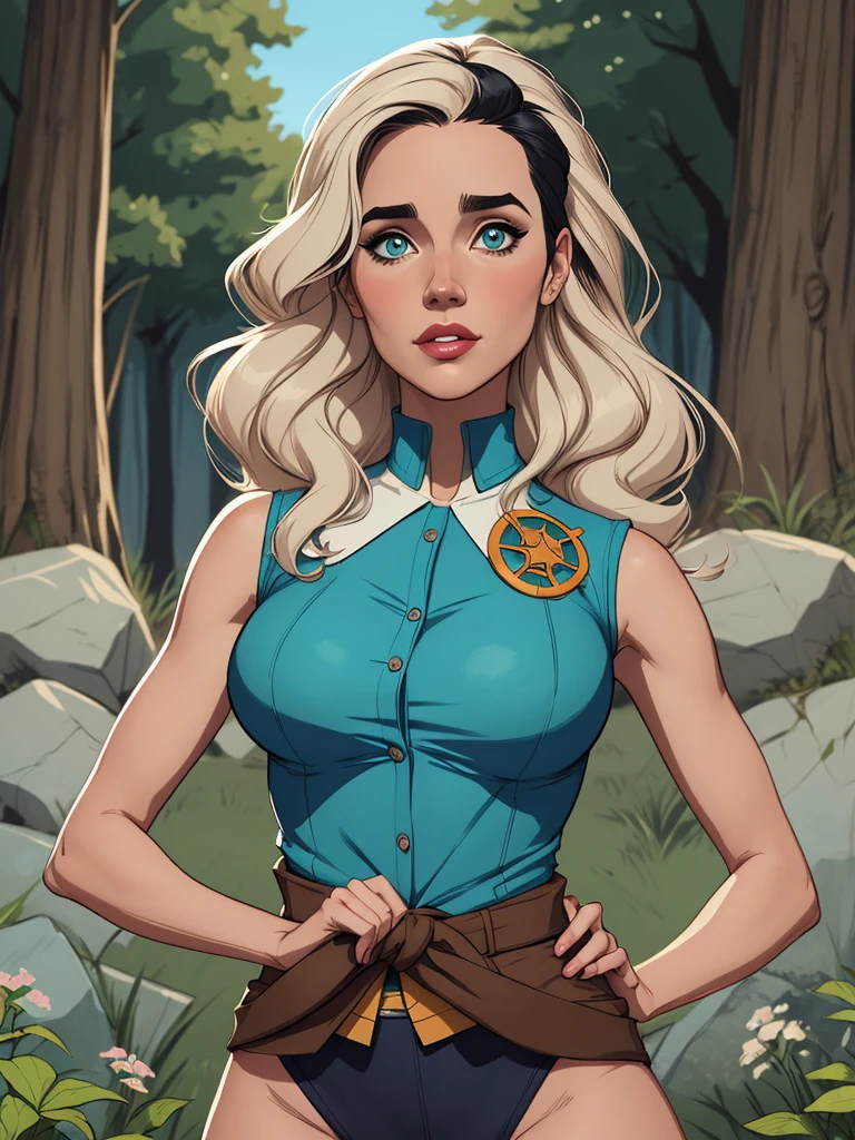 Personagem mulher PinUp dos anos 30 com marcas de guerras Imagem de desenho animado de uma mulher .Ilustra??o estilo desenho animado, estilo de arte dos desenhos animados, estilo de arte dos desenhos animados, digital illustration style, design de personagens altamente detalhado, arte digital detalhada coragem, Forest fan art, Design de personagens de retrato, beautiful digital illustration, retrato de alta qualidade, Arte em quadrinhos, mulher jovem cabelo com transas lindas . Beautiful lined eyes Medium large bust and wonderful sexy clothes. image expression of sexual desire from waist to uniform illustration Jennifer Connelly Fallout 23