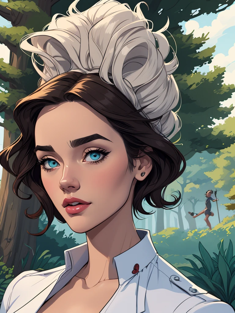 Personagem mulher PinUp dos anos 30 com marcas de guerras Imagem de desenho animado de uma mulher .Ilustra??o estilo desenho animado, estilo de arte dos desenhos animados, estilo de arte dos desenhos animados, digital illustration style, design de personagens altamente detalhado, arte digital detalhada coragem, Forest fan art, Design de personagens de retrato, beautiful digital illustration, retrato de alta qualidade, Arte em quadrinhos, mulher jovem cabelo com transas lindas . Beautiful lined eyes Medium large bust and wonderful sexy clothes. image expression of sexual desire from waist to uniform illustration Jennifer Connelly Fallout 23