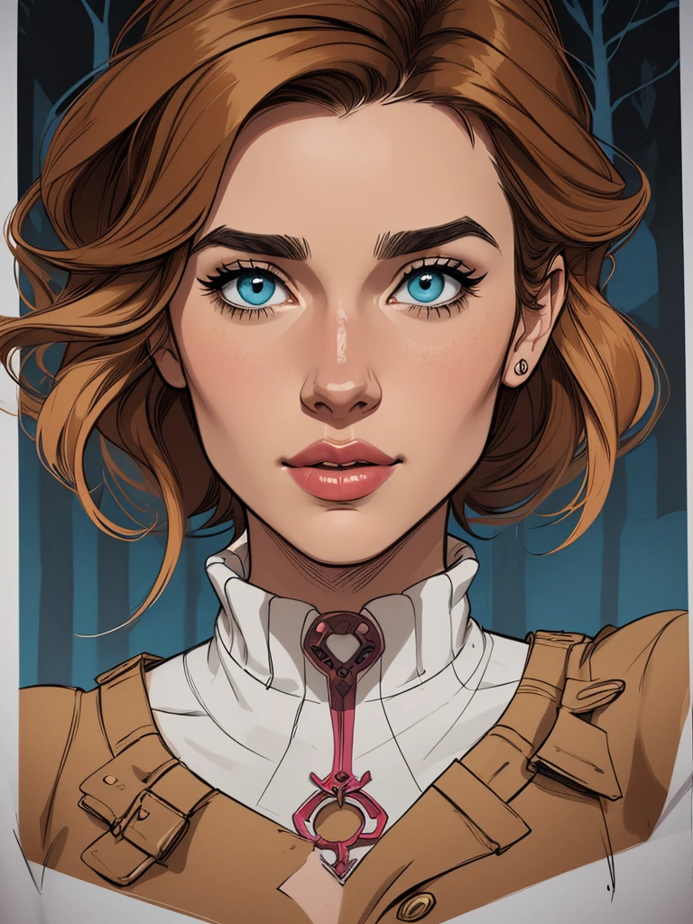 Personagem mulher PinUp dos anos 30 com marcas de guerras Imagem de desenho animado de uma mulher .Ilustra??o estilo desenho animado, estilo de arte dos desenhos animados, estilo de arte dos desenhos animados, digital illustration style, design de personagens altamente detalhado, arte digital detalhada coragem, Forest fan art, Design de personagens de retrato, beautiful digital illustration, retrato de alta qualidade, Arte em quadrinhos, mulher jovem cabelo com transas lindas . Beautiful lined eyes Medium large bust and wonderful sexy clothes. image expression of sexual desire from waist to uniform illustration Jennifer Connelly Fallout 23