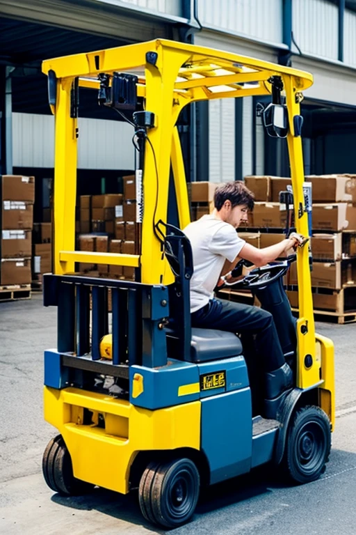 Young man driving a forklift