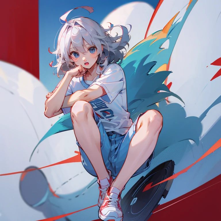 Anime boy silver white curly hair and Blue eyes. White T-shirt and jeans and white red sneakers.