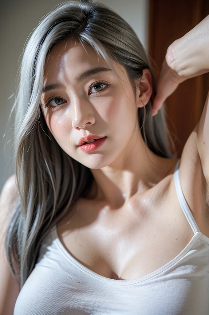 Top quality、Ultra-high resolution、(Photorealistic:1.4)、1 girl、White camisole vest、(faded gray hair:1)、(Large chest:1.2)、Looking at the audience、close up、Full Body Esbian、Hateful eyes、full face