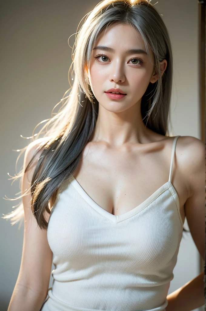 Top quality、Ultra-high resolution、(Photorealistic:1.4)、1 girl、White camisole vest、(faded gray hair:1)、(Large chest:1.2)、Looking at the audience、close up、Full Body Esbian、Hateful eyes、full face