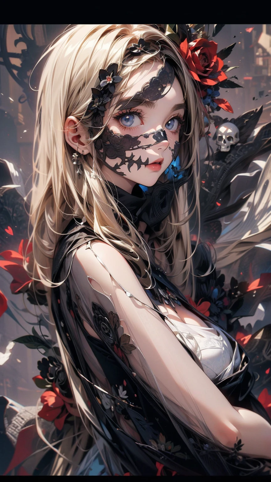 (masterpiece, High resolution, highest quality), Composition from head to thighs:1.3, Upper body focus, 20-year-old woman, A figure of a naked body covered with a large black cloth:1.3, Skull Face Mask, Blonde Hair, Disorganized, Black Rose Collage, abstract design, artistic juxtapositions, Black Background, mixed-media approach, Anime Style, simple lines, Digital Painting,