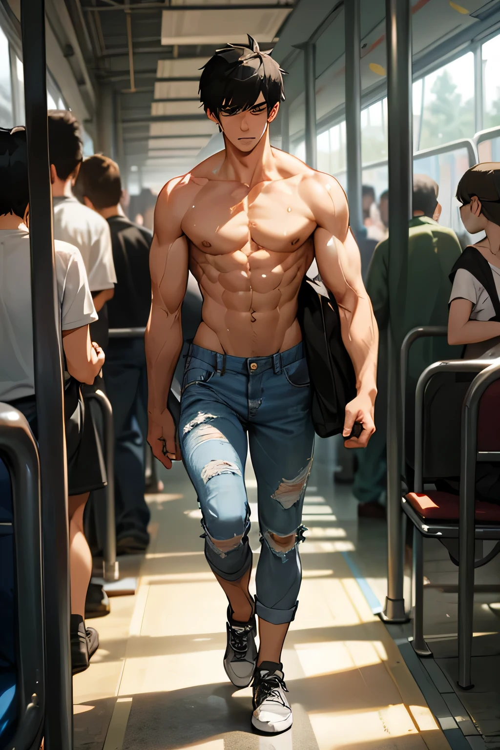 shirtless handsome manly short black hair caucasian male in tattered short jeans and sneakers, shirtless, sweating profusely, walking inside the train station, inside the  train station is crowded with people