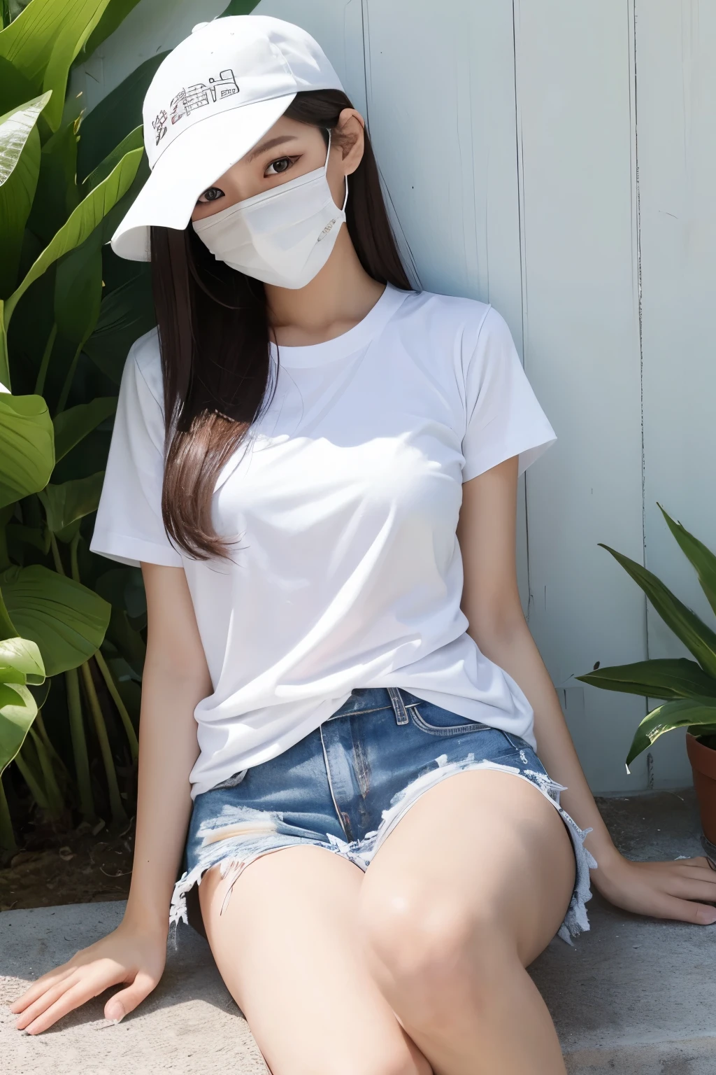 summer、white mask、woman、Shot from the knee up、It's hot、hot、T-Shirts
