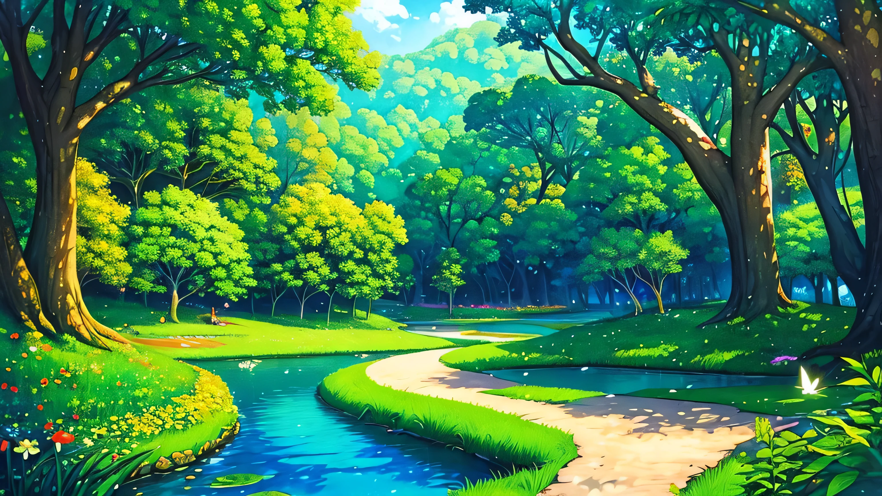 Illustration design for signs, Cover, Cover for art page, Wonderland, fantasy land, Mysterious forest, flower, insect, tree, grass, colorful, Wonderland, Recife Dark Forest, small river, beautiful land, Small streams, animal silhouettes