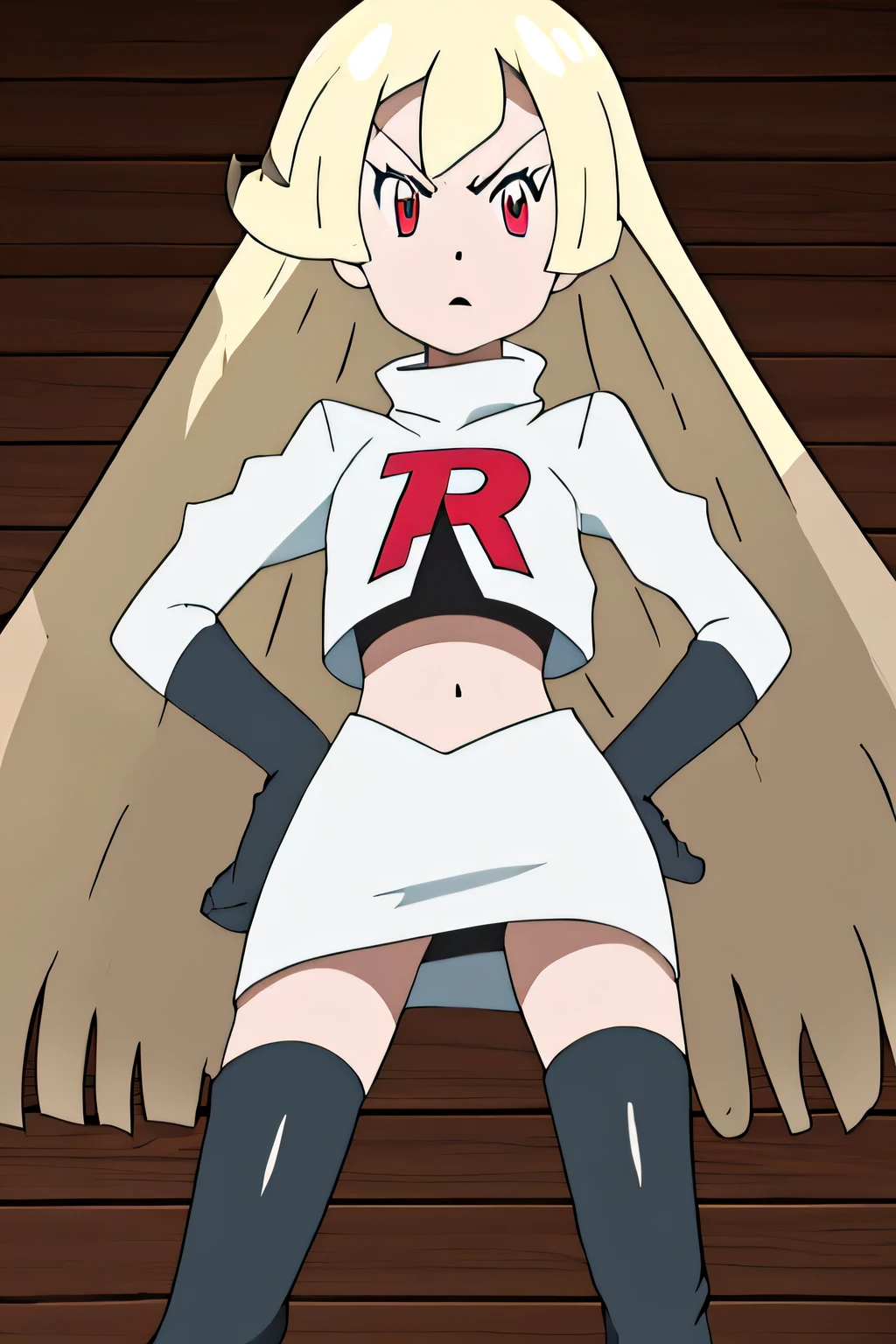 masterpiece,best quality,high res,high quality,Roselia Millstein,short hair,blond hair,red eyes,8k, masterpiece,highres, team rocket uniform, red letter r, white skirt,white crop top,black thigh-high boots, black elbow gloves, glaring angrily, looking down at viewer, hands on hips, cowboy shot, zettai ryouiki,spread legs,from below, black panties,anime style, vivid colors, sharp focus, intense lighting,