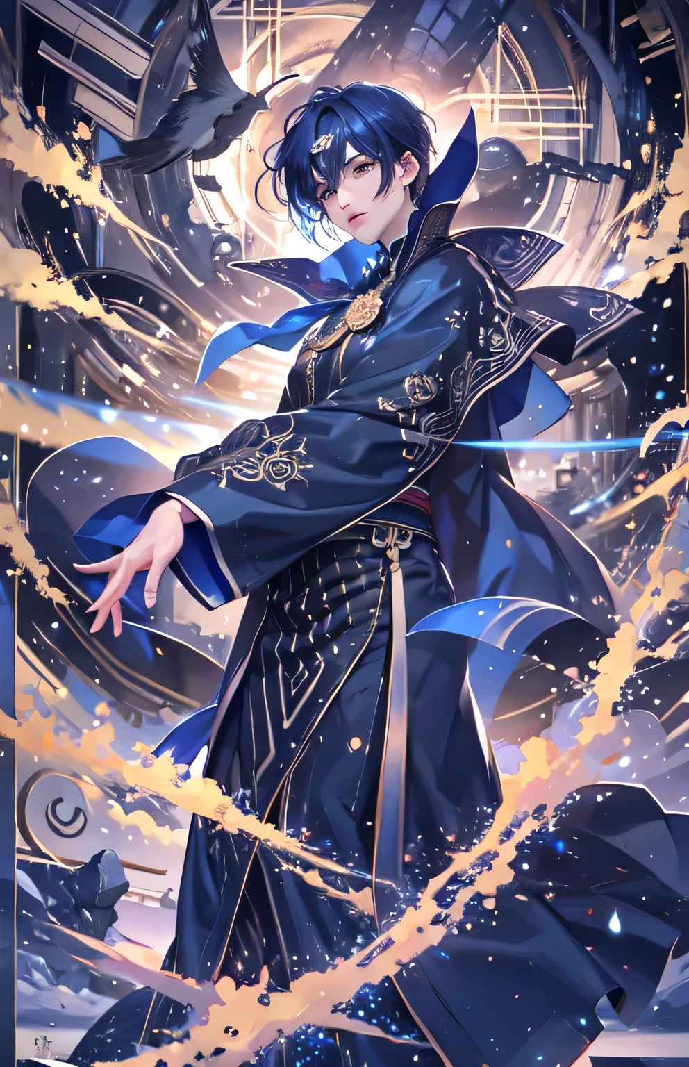 ((highest quality)), ((masterpiece)), (Get used to it), Perfect Face , A sharp face , Adult male , 27 years old , Dark blue short hair , Japanese clothing ,