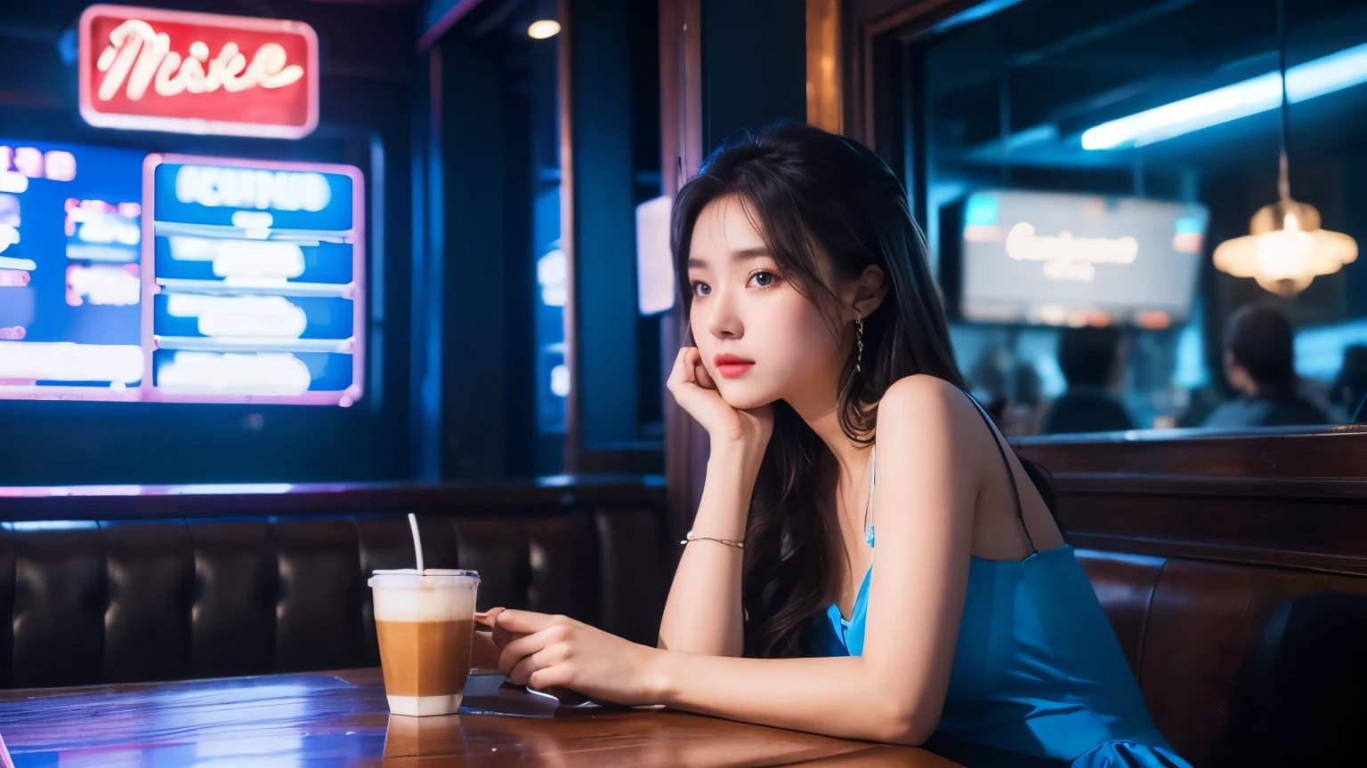 (best quality, 16k, highres, masterpiece:1.2), beautiful, detailed, young woman, blue dress, drinking coffee, in the restaurant, perfect details, neon lights