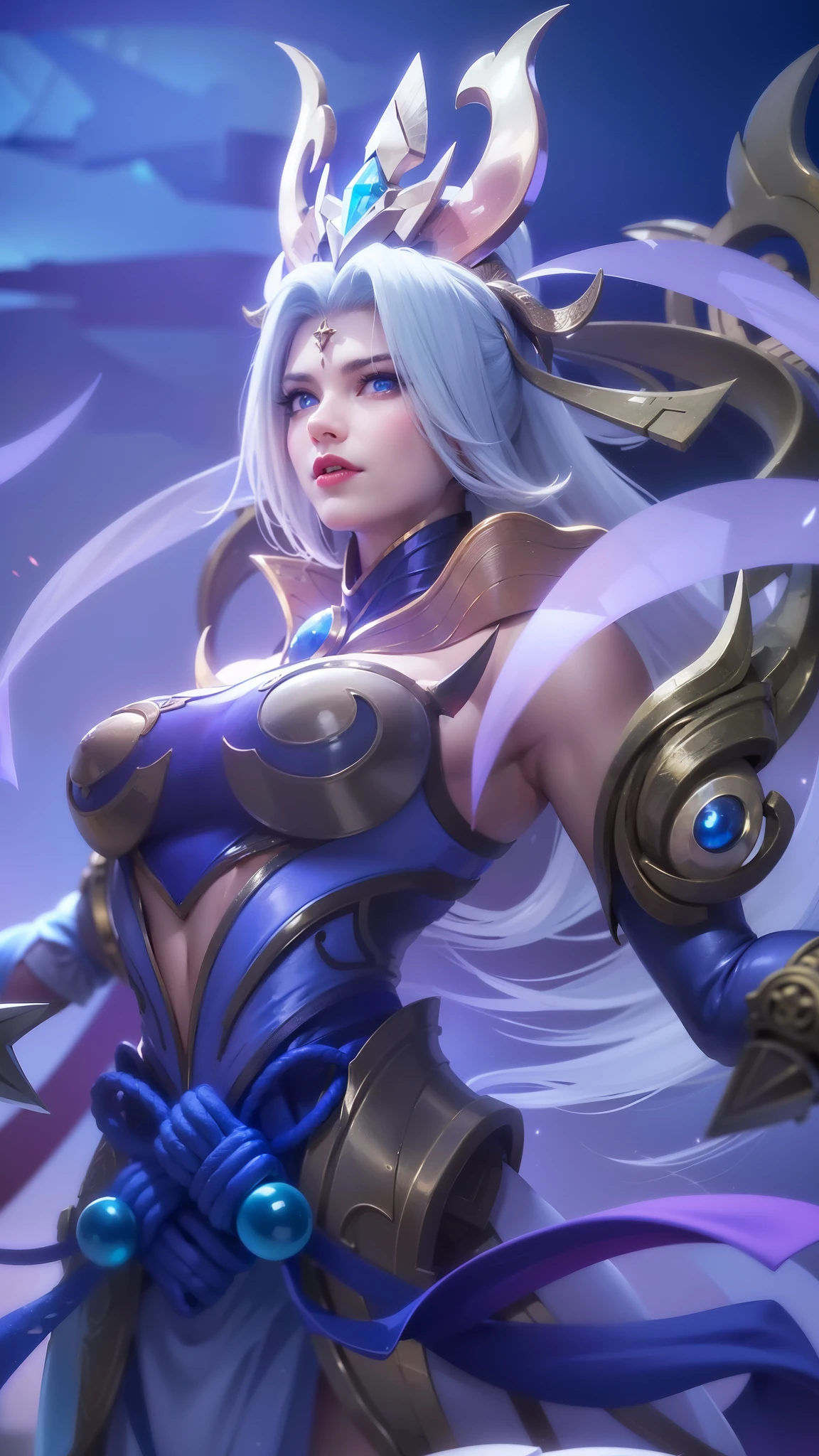 (female:1.2), 8k, ultra hd, ultra detailed texture, hyper realistic, masterpiece, detailed texture, detailed face, detailed skin, detailed lighting, (photorealistic:1.5), best quality, beautiful lighting, cinematic lighting, professional lighting, ultra highres, realistic, detailed hair, real hair, high quality, (realskin:1.5), extremely detailed, finely detail, ultra-detailed, 1girl, solo, elf, pointy ears, standing, demon horns, forehead protector, (blue eyes:1.5), v-shapped eyebrow, lips, red lips, evil smile, nose, make up, pretty, beautiful, long hair, white hair, high ponytail, large breasts, cleavage, armpit, navel, stomach, black armor, pauldrons, bare shoulders, shoulder armor, thigh high, sleevless, detached sleeves, breastplate, gauntlets, karina \(mobile legends\), depth of field, looking aways, white skin, skin tight, amazing pose, outdoors, glowing, dark view