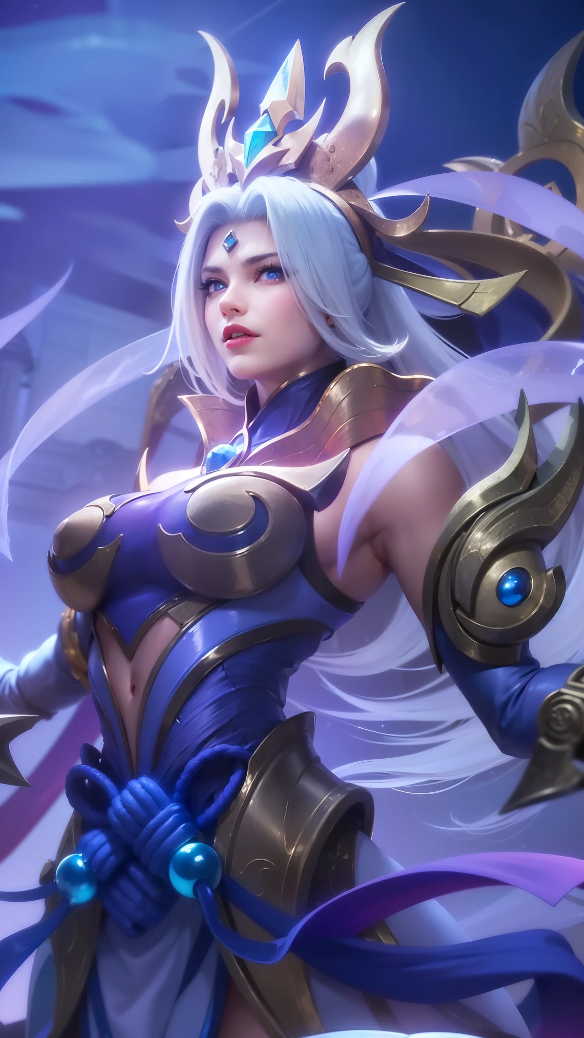 (female:1.2), 8k, ultra hd, ultra detailed texture, hyper realistic, masterpiece, detailed texture, detailed face, detailed skin, detailed lighting, (photorealistic:1.5), best quality, beautiful lighting, cinematic lighting, professional lighting, ultra highres, realistic, detailed hair, real hair, high quality, (realskin:1.5), extremely detailed, finely detail, ultra-detailed, 1girl, solo, elf, pointy ears, standing, demon horns, forehead protector, (blue eyes:1.5), v-shapped eyebrow, lips, red lips, evil smile, nose, make up, pretty, beautiful, long hair, white hair, high ponytail, large breasts, cleavage, armpit, navel, stomach, black armor, pauldrons, bare shoulders, shoulder armor, thigh high, sleevless, detached sleeves, breastplate, gauntlets, karina \(mobile legends\), depth of field, looking aways, white skin, skin tight, amazing pose, outdoors, glowing, dark view